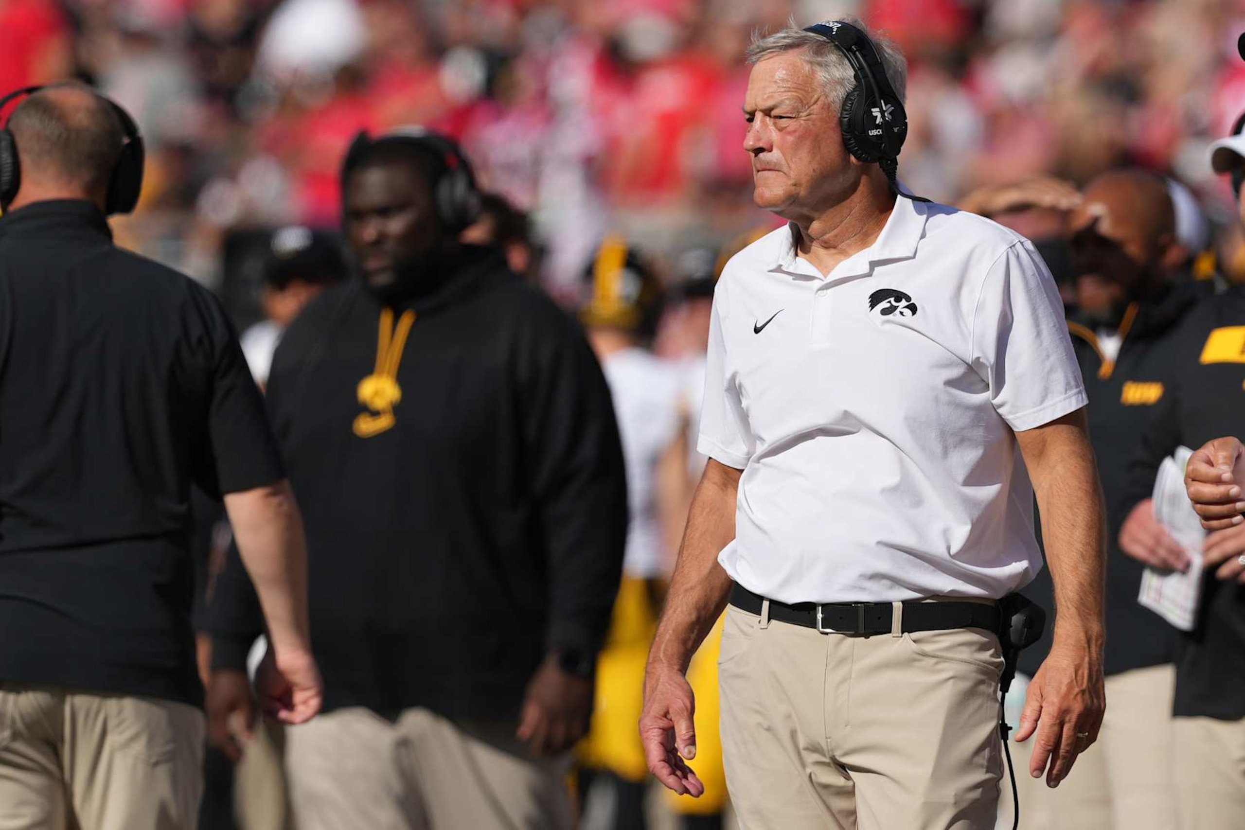 COLUMBUS, OHIO - OCTOBER 05: Head coach Kirk Ferentz of the Iowa Hawkeyes looks on from the sidelines during the first quarter against the Ohio State Buckeyes at Ohio Stadium on October 05, 2024 in Columbus, Ohio. (Photo by Jason Mowry/Getty Images)