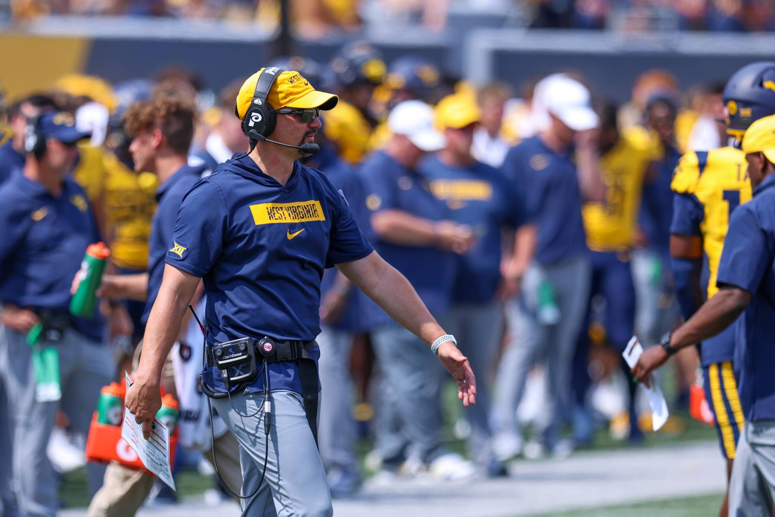 MORGANTOWN, WV - AUGUST 31: Neal Brown West Virginia Head Coach during a game between Penn State and West Virginia at Milan Puskar Stadium on August 31, 2024 in Morgantown, West Virginia. (Photo by Roger Wimmer/ISI Photos/Getty Images)