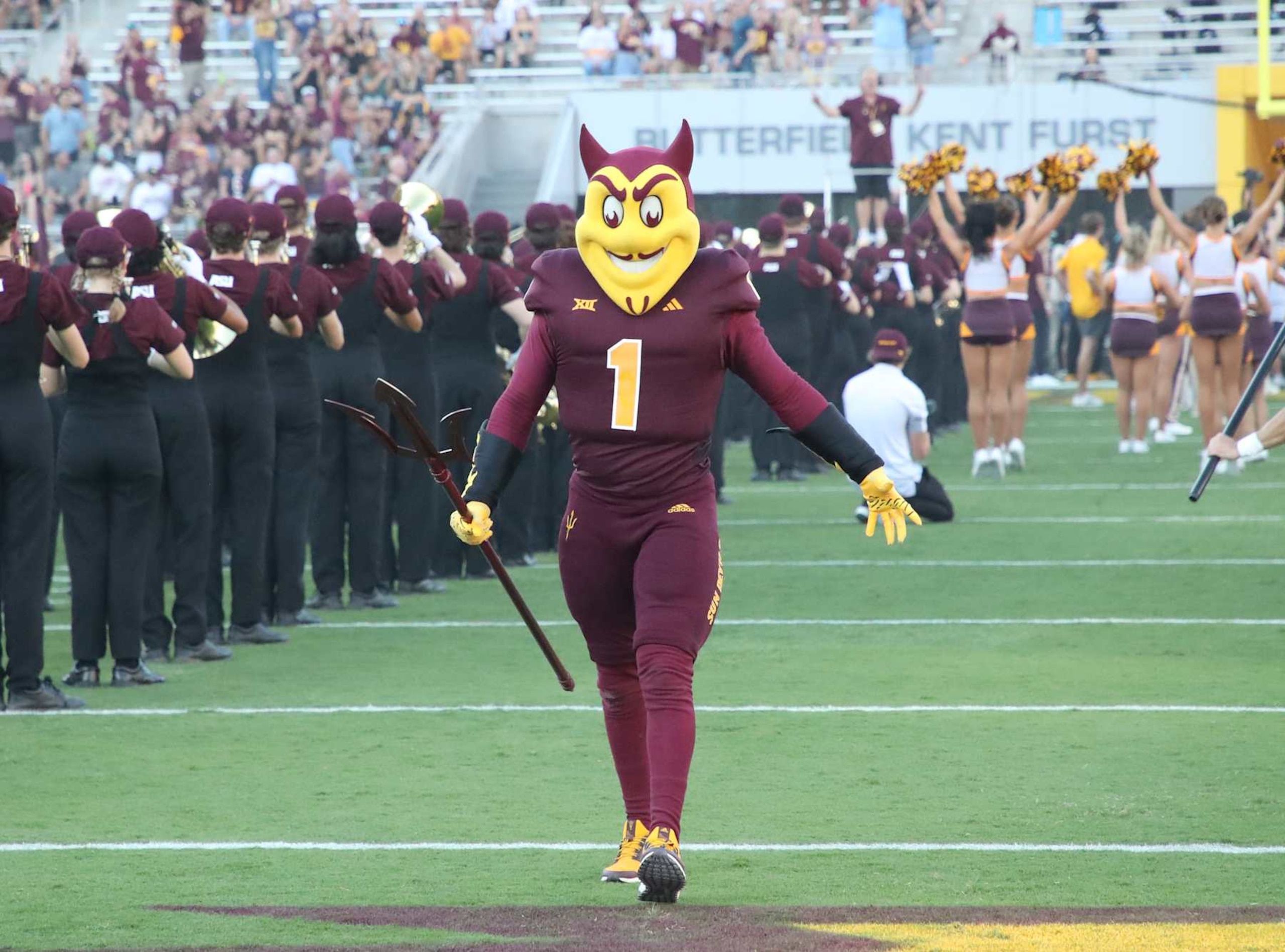 TEMPE, ARIZONA - OCTOBER 5:  Arizona State Mascot Sparky enters the field before the Kansas Jayhawks versus the Arizona State Sun Devils football game at Mountain America Stadium on October 5, 2024 in Tempe, Arizona. (Photo by Bruce Yeung/Getty Images)