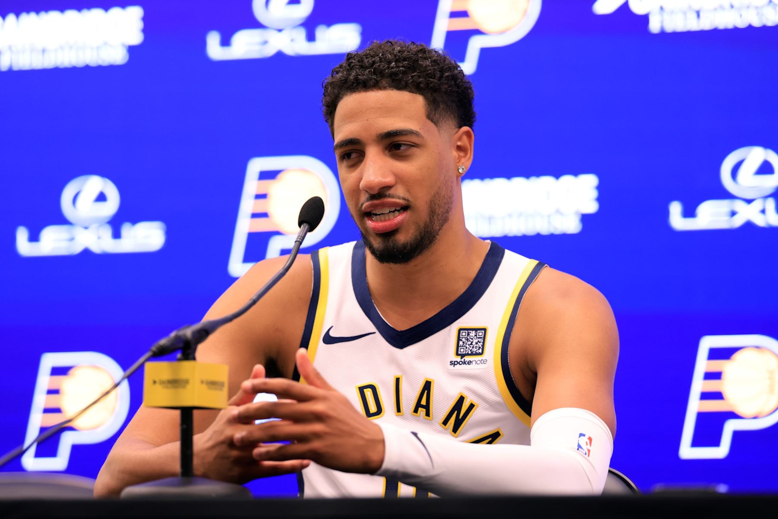 INDIANAPOLIS, INDIANA - SEPTEMBER 30: Tyrese Haliburton #0 of the Indiana Pacers speaks to the media during the Indiana Pacers Media Day at Gainbridge Fieldhouse on September 30, 2024 in Indianapolis, Indiana. NOTE TO USER: User expressly acknowledges and agrees that, by downloading and or using this photograph, User is consenting to the terms and conditions of the Getty Images License Agreement. (Photo by Justin Casterline/Getty Images) INDIANAPOLIS, INDIANA - SEPTEMBER 30: Tyrese Haliburton #0 of the Indiana Pacers speaks to the media during the Indiana Pacers Media Day at Gainbridge Fieldhouse on September 30, 2024 in Indianapolis, Indiana. NOTE TO USER: User expressly acknowledges and agrees that, by downloading and or using this photograph, User is consenting to the terms and conditions of the Getty Images License Agreement. (Photo by Justin Casterline/Getty Images)