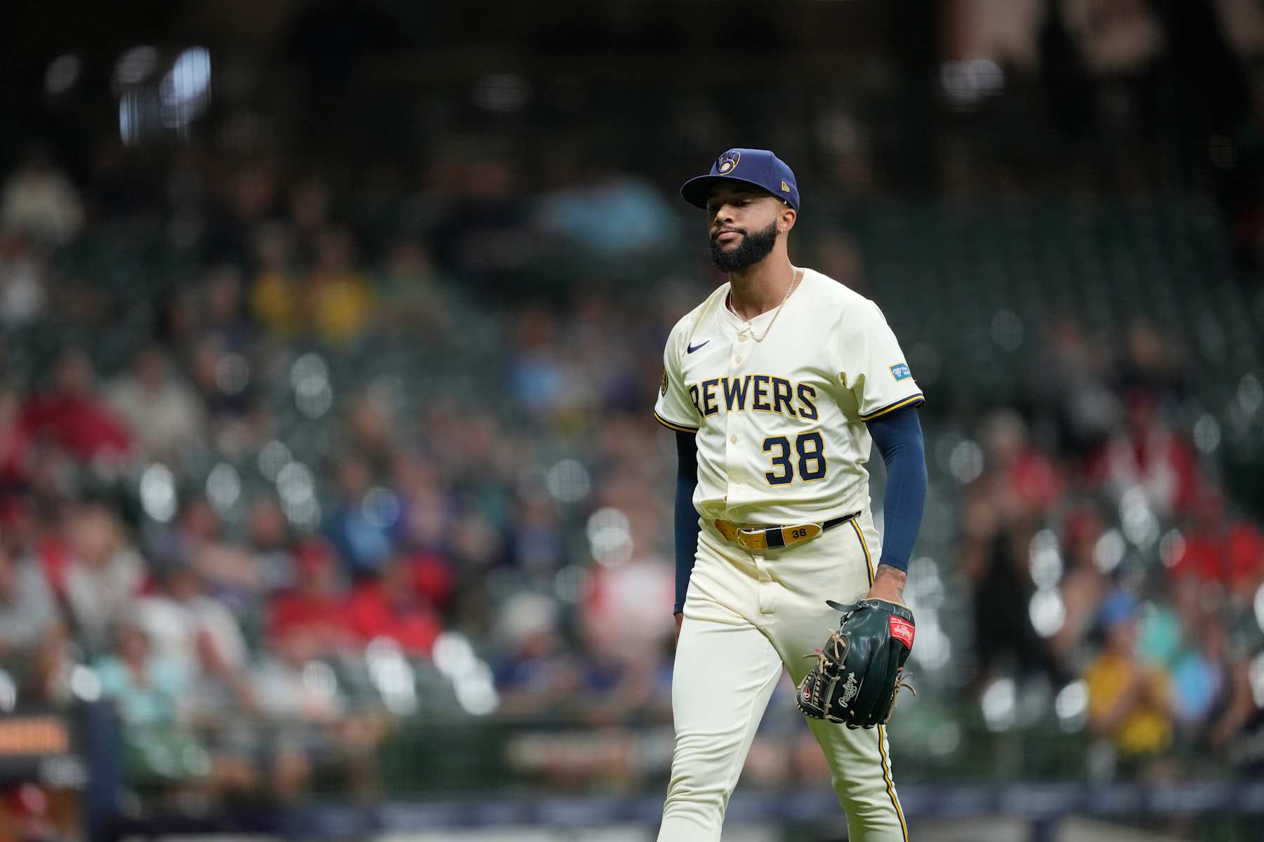 MILWAUKEE, WISCONSIN - SEPTEMBER 04: Devin Williams #38 of the Milwaukee Brewers walks back to the dugout after the top of the ninth inning against the St. Louis Cardinals at American Family Field on September 04, 2024 in Milwaukee, Wisconsin. (Photo by Patrick McDermott/Getty Images)