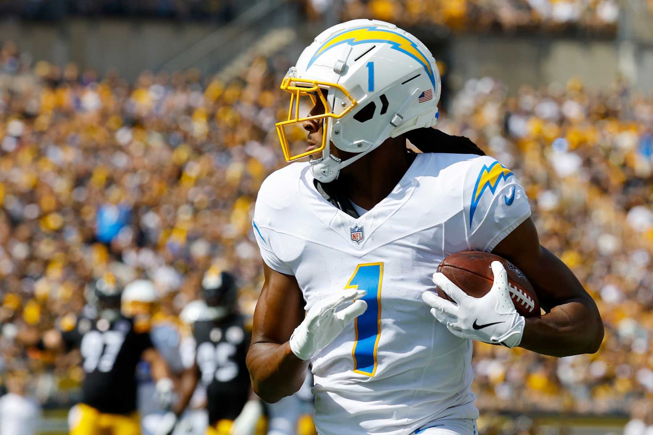 PITTSBURGH, PENNSYLVANIA - SEPTEMBER 22: Quentin Johnston #1 of the Los Angeles Chargers scores a receiving touchdown against the Pittsburgh Steelers during the first quarter of the game at Acrisure Stadium on September 22, 2024 in Pittsburgh, Pennsylvania. (Photo by Justin K. Aller/Getty Images)
