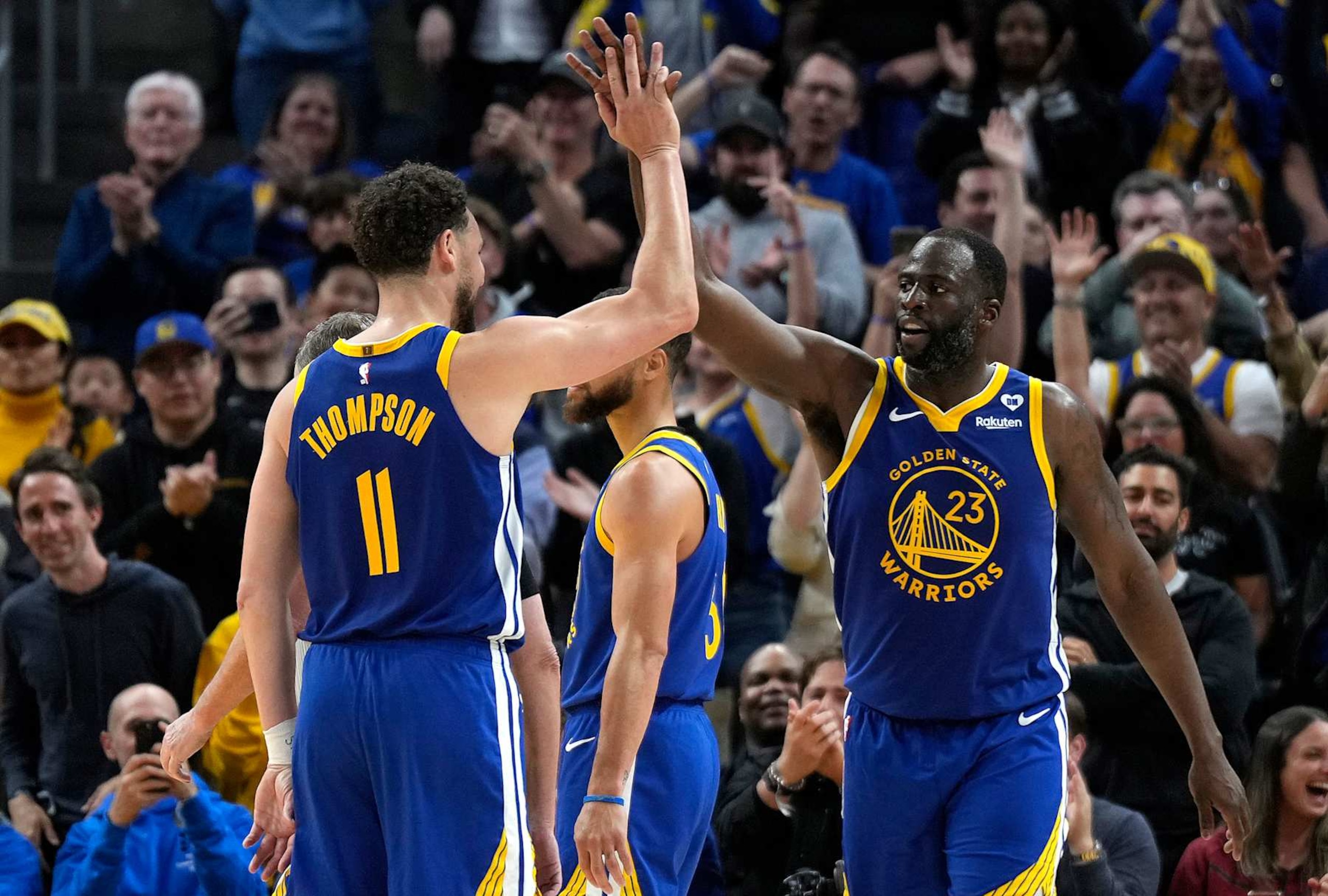 SAN FRANCISCO, CALIFORNIA - APRIL 02: Draymond Green #23 and Klay Thompson #11 of the Golden State Warriors celebrates after Green scores against the Dallas Mavericks late in the second half at Chase Center on April 02, 2024 in San Francisco, California. NOTE TO USER: User expressly acknowledges and agrees that, by downloading and or using this photograph, User is consenting to the terms and conditions of the Getty Images License Agreement. (Photo by Thearon W. Henderson/Getty Images) SAN FRANCISCO, CALIFORNIA - APRIL 02: Draymond Green #23 and Klay Thompson #11 of the Golden State Warriors celebrates after Green scores against the Dallas Mavericks late in the second half at Chase Center on April 02, 2024 in San Francisco, California. NOTE TO USER: User expressly acknowledges and agrees that, by downloading and or using this photograph, User is consenting to the terms and conditions of the Getty Images License Agreement. (Photo by Thearon W. Henderson/Getty Images)