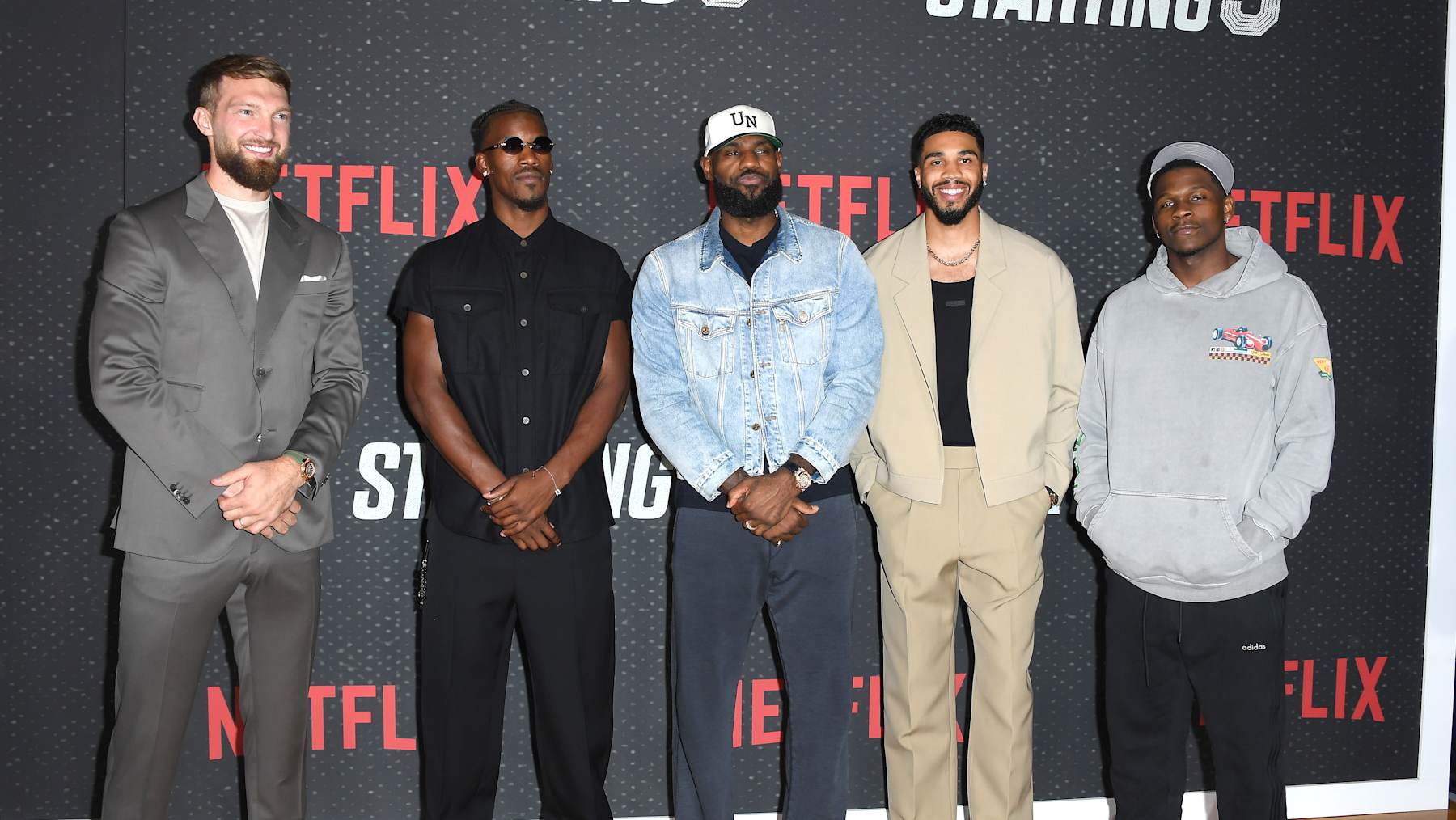 LOS ANGELES, CALIFORNIA - SEPTEMBER 23: Domantas Sabonis, Jimmy Butler, LeBron James, Jayson Tatum and Anthony Edwards arrives at the Los Angeles Premiere Of Netflix's "Starting 5" at The Egyptian Theatre Hollywood on September 23, 2024 in Los Angeles, California. (Photo by Steve Granitz/FilmMagic)