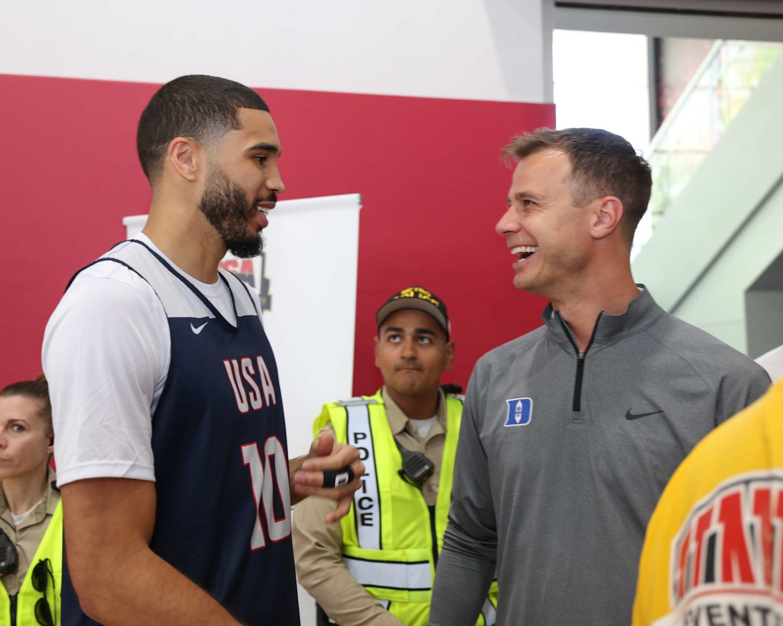 LAS VEGAS, NV - JULY 8:   Jayson Tatum #10 of the USAB Mens Team and Jon Scheyer look on during the USAB Men's Training Camp on July 8, 2024 at UNLV in Las Vegas, Nevada. NOTE TO USER: User expressly acknowledges and agrees that, by downloading and or using this photograph, User is consenting to the terms and conditions of the Getty Images License Agreement. Mandatory Copyright Notice: Copyright 2024 NBAE (Photo by Mercedes Oliver/NBAE via Getty Images)