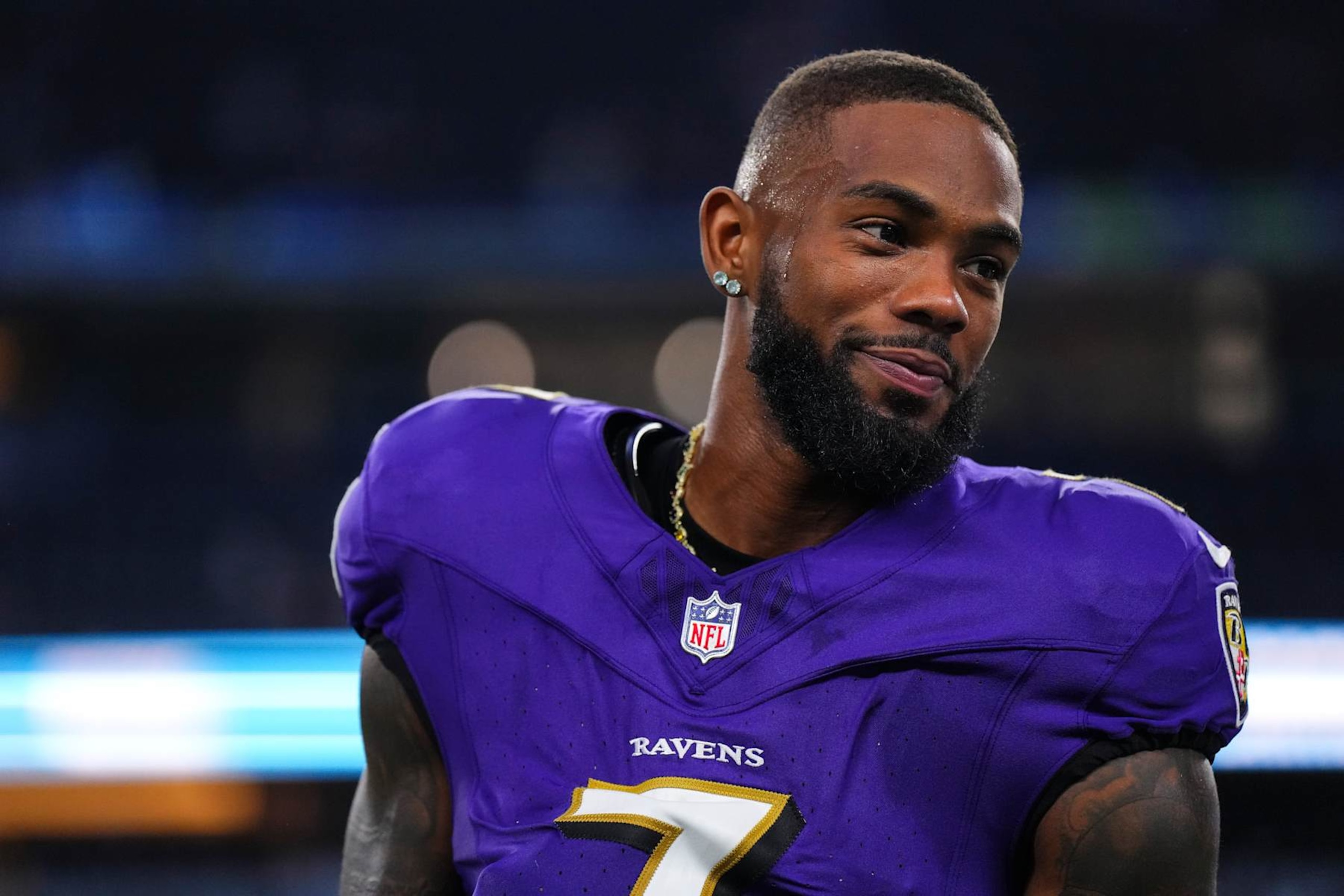 ARLINGTON, TX - SEPTEMBER 22: Rashod Bateman #7 of the Baltimore Ravens walks off of the field after an NFL football game against the Dallas Cowboys at AT&T Stadium on September 22, 2024 in Arlington, Texas. (Photo by Cooper Neill/Getty Images)