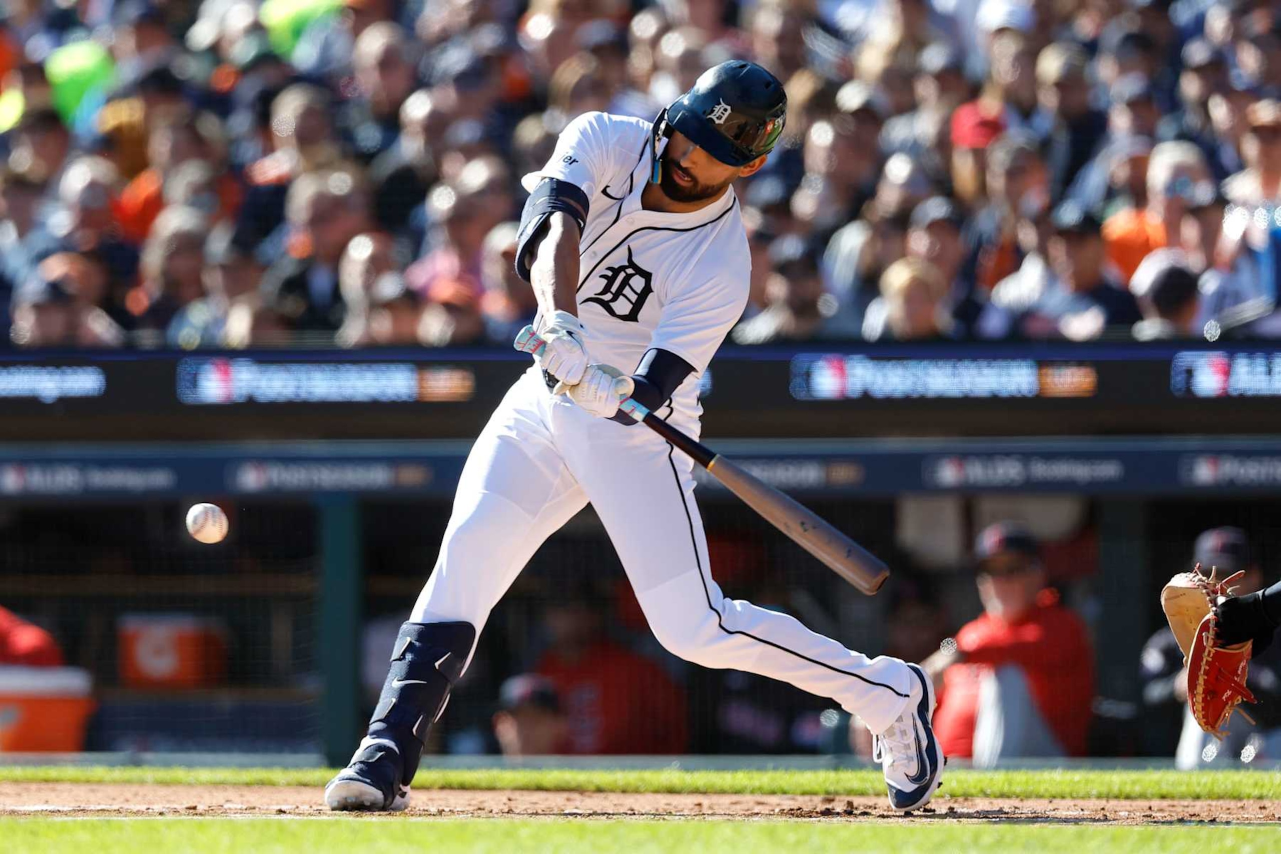 DETROIT, MICHIGAN - OCTOBER 09: Riley Greene #31 of the Detroit Tigers hits an RBI single in the first inning against the Cleveland Guardians during Game Three of the Division Series at Comerica Park on October 09, 2024 in Detroit, Michigan. (Photo by Duane Burleson/Getty Images) DETROIT, MICHIGAN - OCTOBER 09: Riley Greene #31 of the Detroit Tigers hits an RBI single in the first inning against the Cleveland Guardians during Game Three of the Division Series at Comerica Park on October 09, 2024 in Detroit, Michigan. (Photo by Duane Burleson/Getty Images)