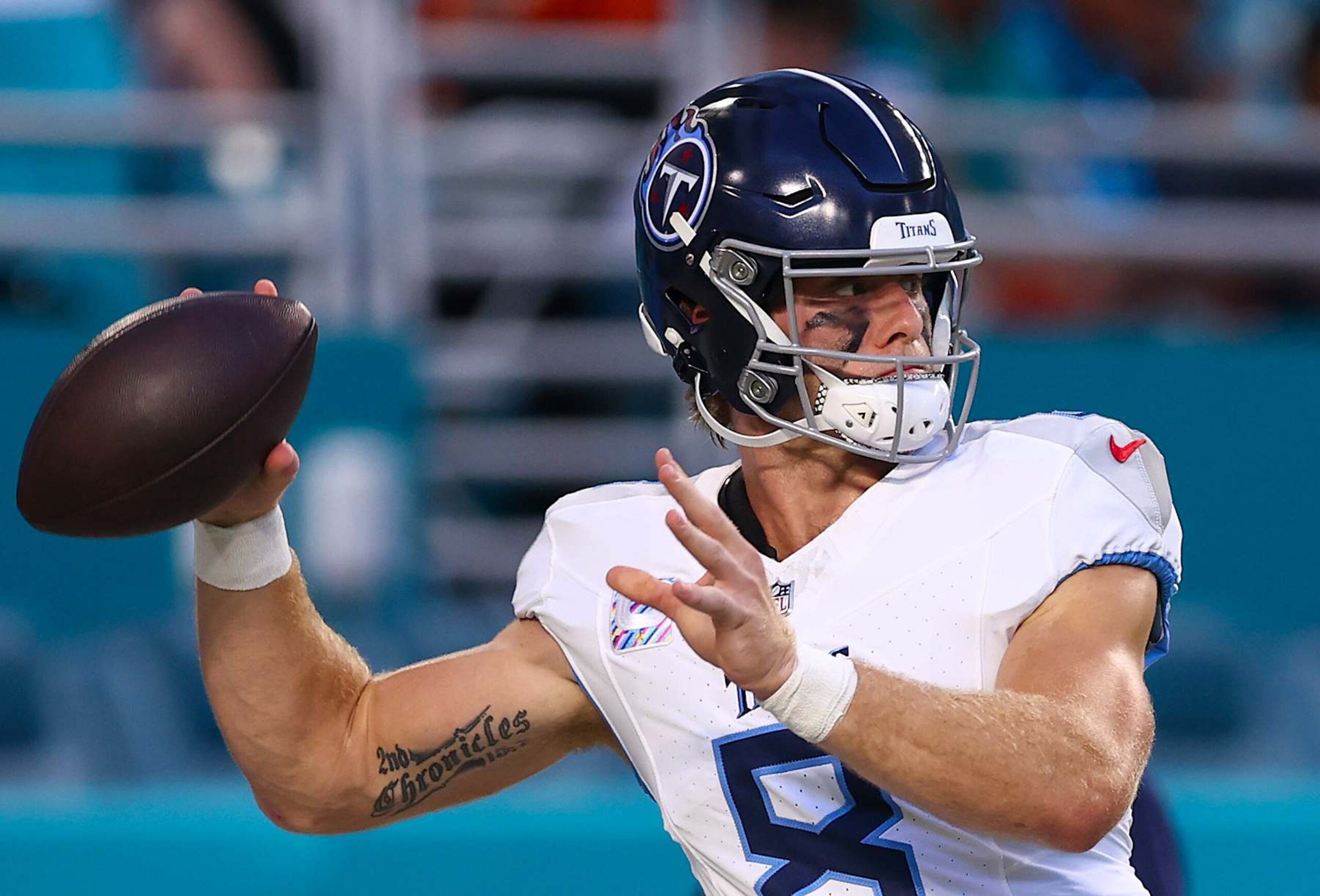 MIAMI GARDENS, FLORIDA - SEPTEMBER 30: Will Levis #8 of the Tennessee Titans looks to pass during warm ups before playing the Miami Dolphins at Hard Rock Stadium on September 30, 2024 in Miami Gardens, Florida. (Photo by Megan Briggs/Getty Images)