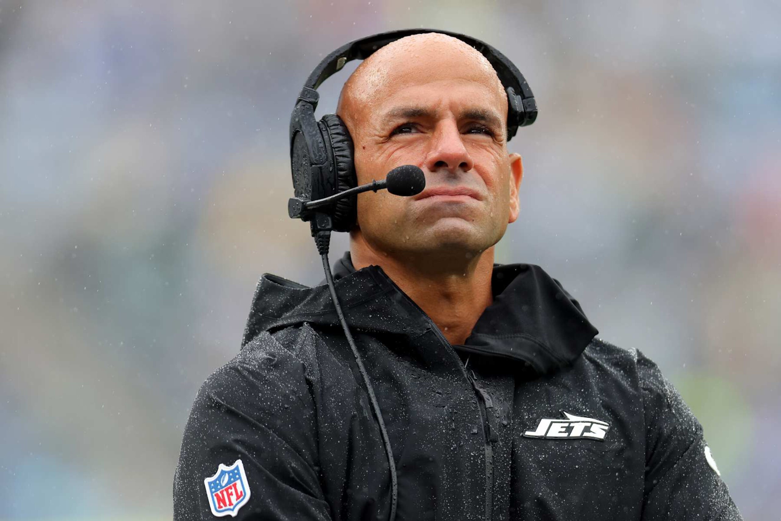 EAST RUTHERFORD, NEW JERSEY - SEPTEMBER 29: Head coach Robert Saleh of the New York Jets looks on against the Denver Broncos during the first half at MetLife Stadium on September 29, 2024 in East Rutherford, New Jersey. (Photo by Mike Stobe/Getty Images) EAST RUTHERFORD, NEW JERSEY - SEPTEMBER 29: Head coach Robert Saleh of the New York Jets looks on against the Denver Broncos during the first half at MetLife Stadium on September 29, 2024 in East Rutherford, New Jersey. (Photo by Mike Stobe/Getty Images)
