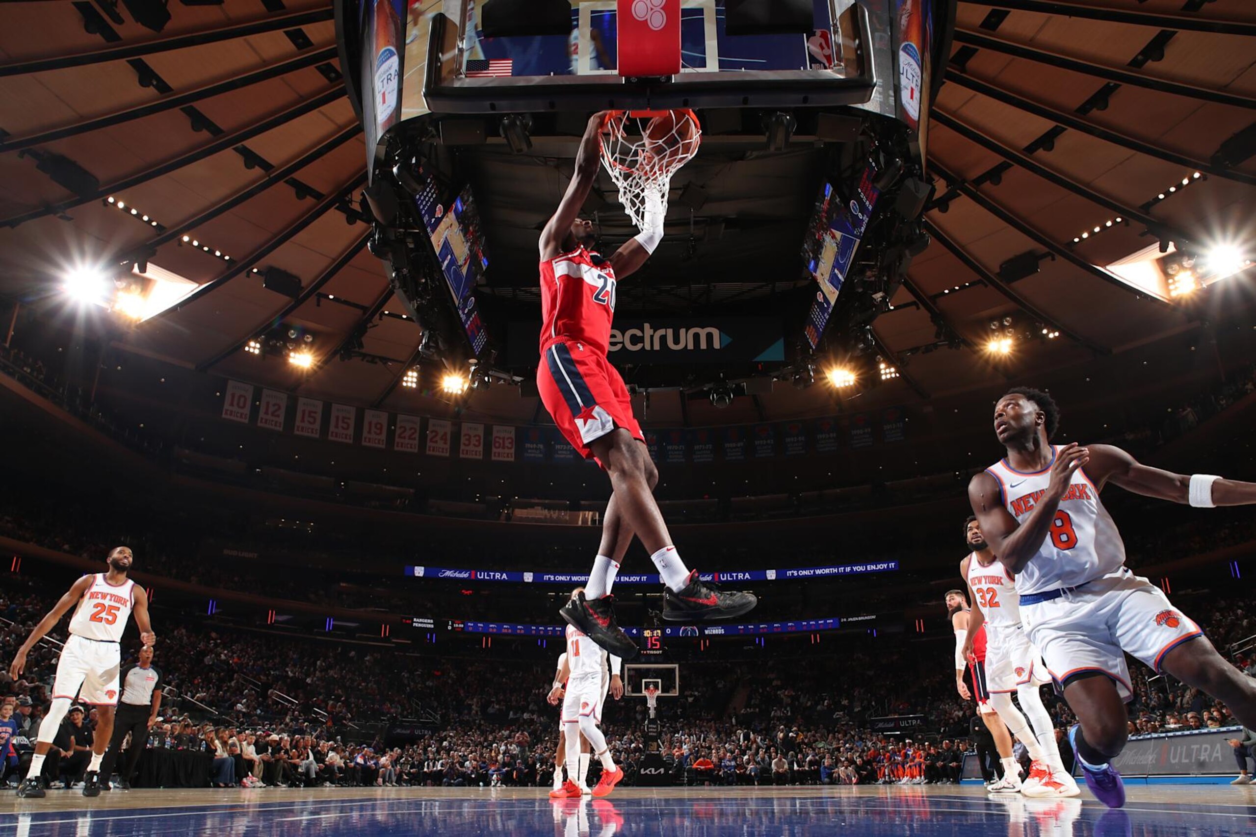 NEW YORK, NY - OCTOBER 9: Alexandre Sarr #20 of the Washington Wizards dunks the ball during the game against the New York Knicks during the 2024 NBA Preseason on October 9, 2024 at Madison Square Garden in New York City, New York. NOTE TO USER: User expressly acknowledges and agrees that, by downloading and or using this photograph, User is consenting to the terms and conditions of the Getty Images License Agreement. Mandatory Copyright Notice: Copyright 2024 NBAE (Photo by Nathaniel S. Butler/NBAE via Getty Images) NEW YORK, NY - OCTOBER 9: Alexandre Sarr #20 of the Washington Wizards dunks the ball during the game against the New York Knicks during the 2024 NBA Preseason on October 9, 2024 at Madison Square Garden in New York City, New York. NOTE TO USER: User expressly acknowledges and agrees that, by downloading and or using this photograph, User is consenting to the terms and conditions of the Getty Images License Agreement. Mandatory Copyright Notice: Copyright 2024 NBAE (Photo by Nathaniel S. Butler/NBAE via Getty Images)