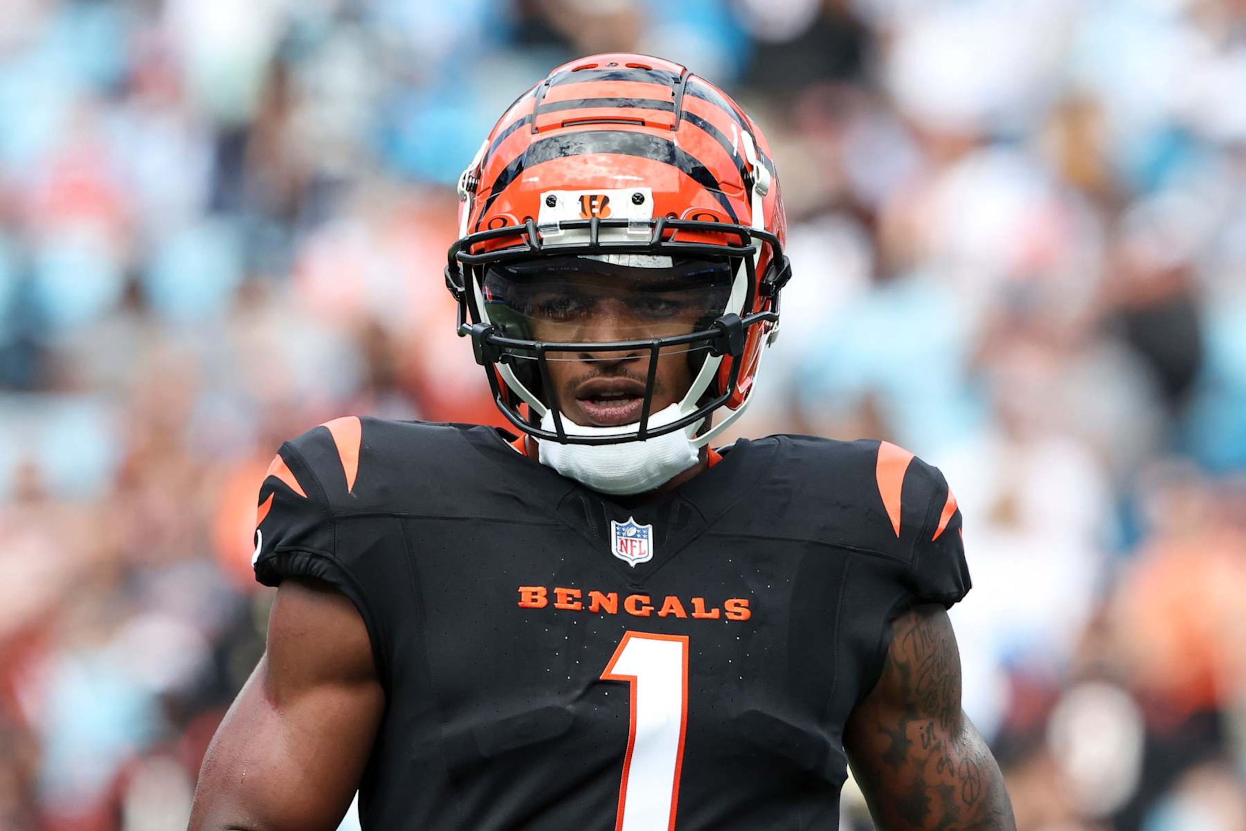 CHARLOTTE, NORTH CAROLINA - SEPTEMBER 29: Ja’Marr Chase #1 of the Cincinnati Bengals looks to the sideline during a game against the Carolina Panthers at Bank of America Stadium on September 29, 2024 in Charlotte, North Carolina. The Bengals defeated the Panthers 34-24. (Kara Durrette/Getty Images)
