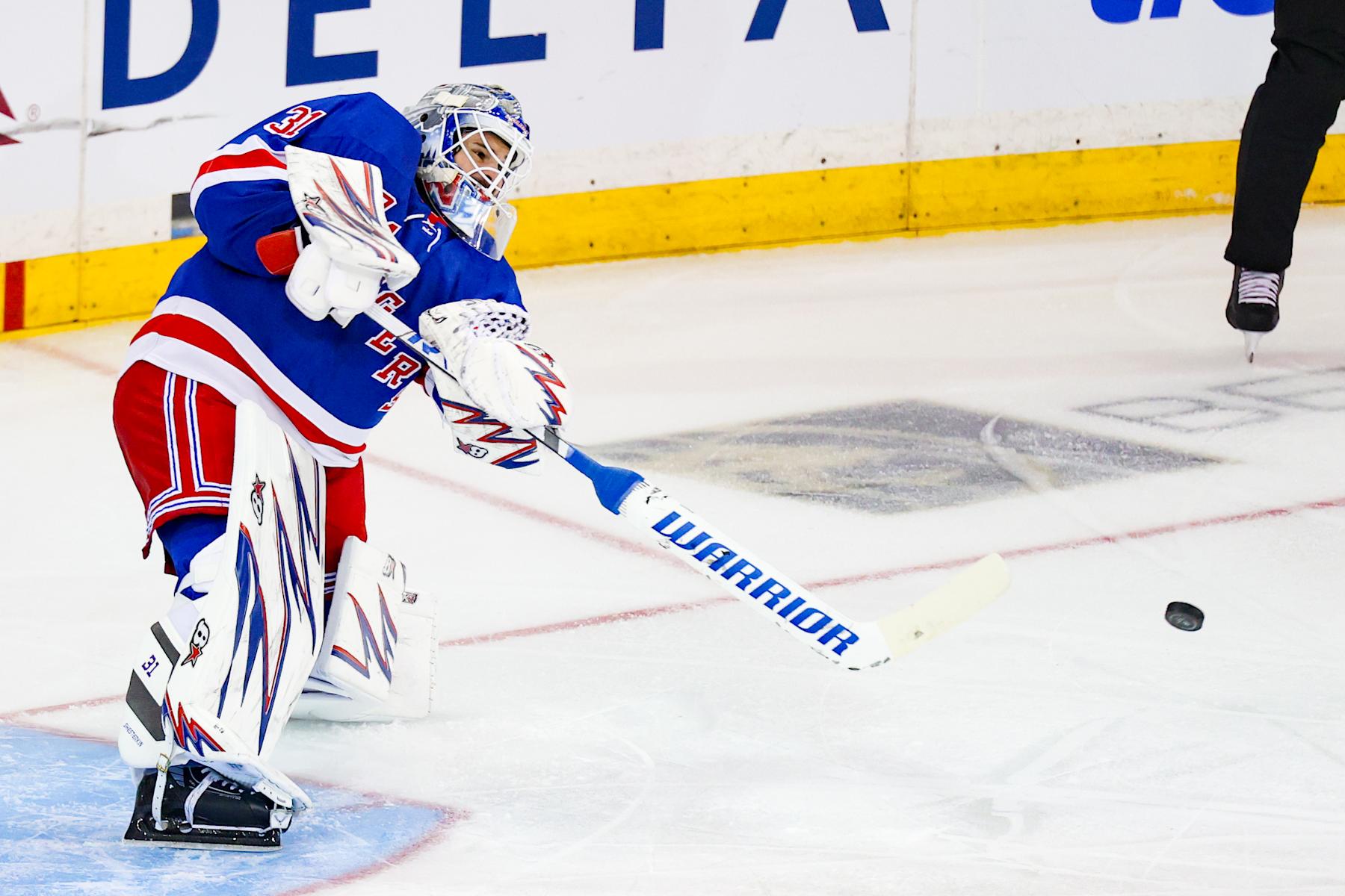 NEW YORK, NY - OCTOBER 01: New York Rangers Goalie Igor Shesterkin (31) plays the puck during the first period of the National Hockey League preseason game between the New Jersey Devils and the New York Rangers on October 1, 2024 at Madison Square Garden in New York, NY. (Photo by Joshua Sarner/Icon Sportswire via Getty Images)