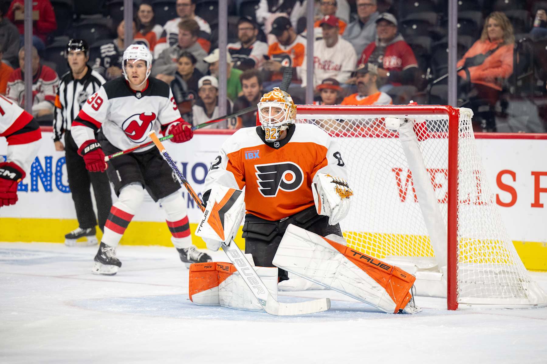 PHILADELPHIA, PA - OCTOBER 03: Philadelphia Flyers goaltender Ivan Fedotov (82) watches the action during the preseason game between the New Jersey Devils and the Philadelphia Flyers on October 3rd, 2024 at the Wells Fargo Center in Philadelphia, PA. (Photo by Terence Lewis/Icon Sportswire via Getty Images)