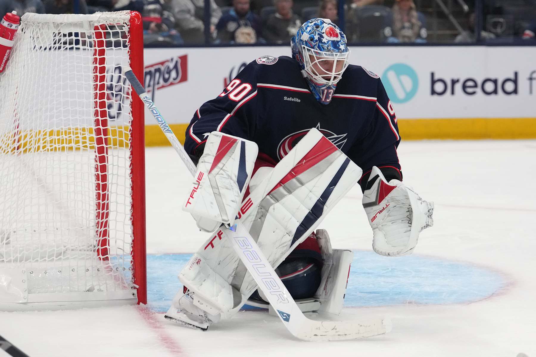 COLUMBUS, OHIO - OCTOBER 03: Elvis Merzlikins #90 of the Columbus Blue Jackets seen in action during the preseason game against the Pittsburgh Penguins at Nationwide Arena on October 03, 2024 in Columbus, Ohio. (Photo by Jason Mowry/Getty Images)