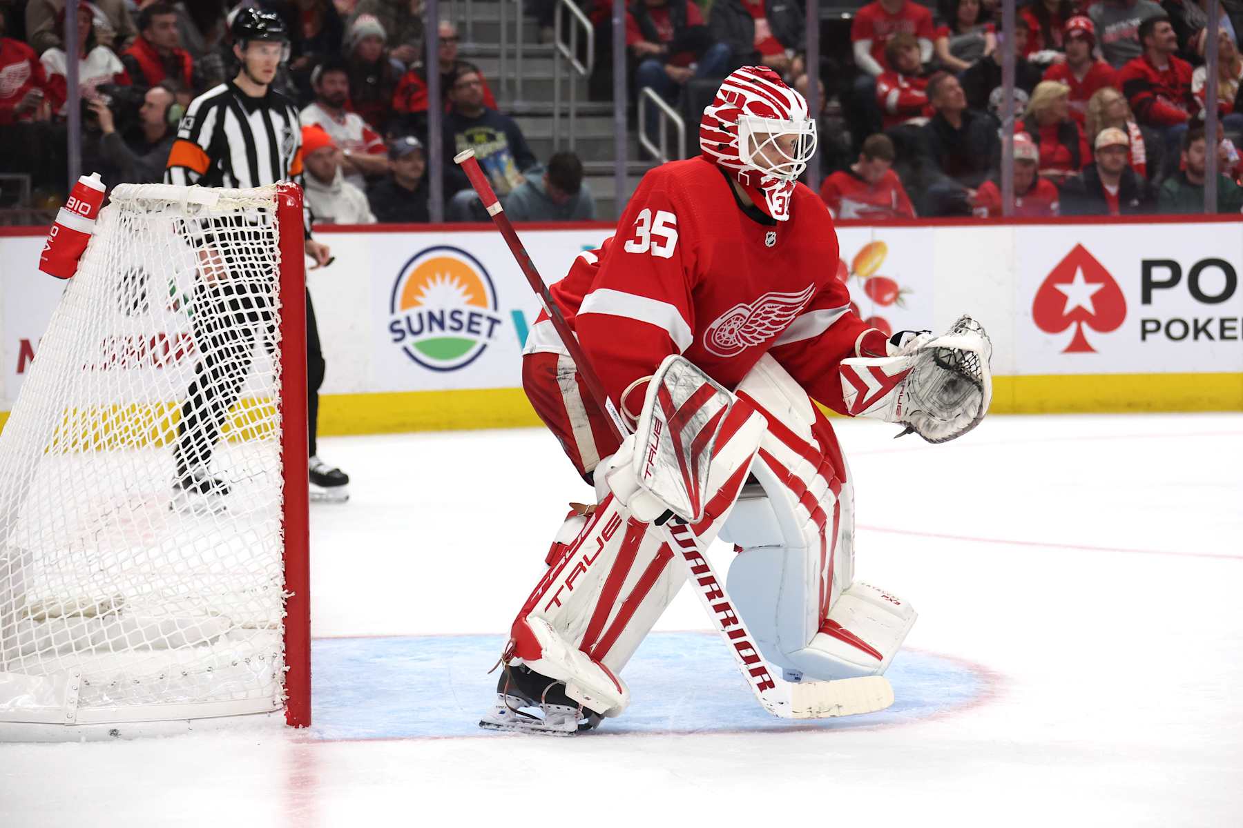 DETROIT, MICHIGAN - DECEMBER 14: Ville Husso #35 of the Detroit Red Wings plays against Carolina Hurricanes at Little Caesars Arena on December 14, 2023 in Detroit, Michigan. (Photo by Gregory Shamus/Getty Images)