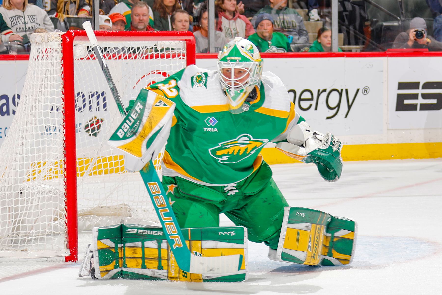 SAINT PAUL, MN - MARCH 30: Filip Gustavsson #32 of the Minnesota Wild defends his goal against the Vegas Golden Knights during the game at the Xcel Energy Center on March 30, 2024 in Saint Paul, Minnesota. (Photo by Bruce Kluckhohn/NHLI via Getty Images)