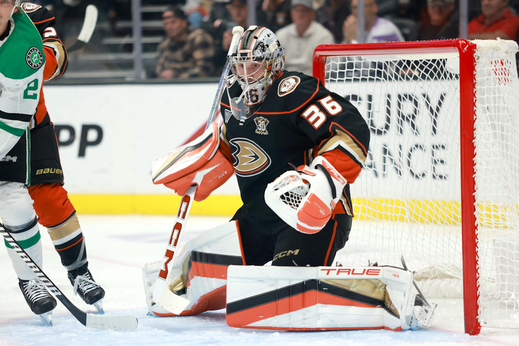 ANAHEIM, CALIFORNIA - MARCH 08: John Gibson #36 of the Anaheim Ducks defends the net in the second period during the game against the Dallas Stars at Honda Center on March 08, 2024 in Anaheim, California. (Photo by Nicole Vasquez/NHLI via Getty Images)
