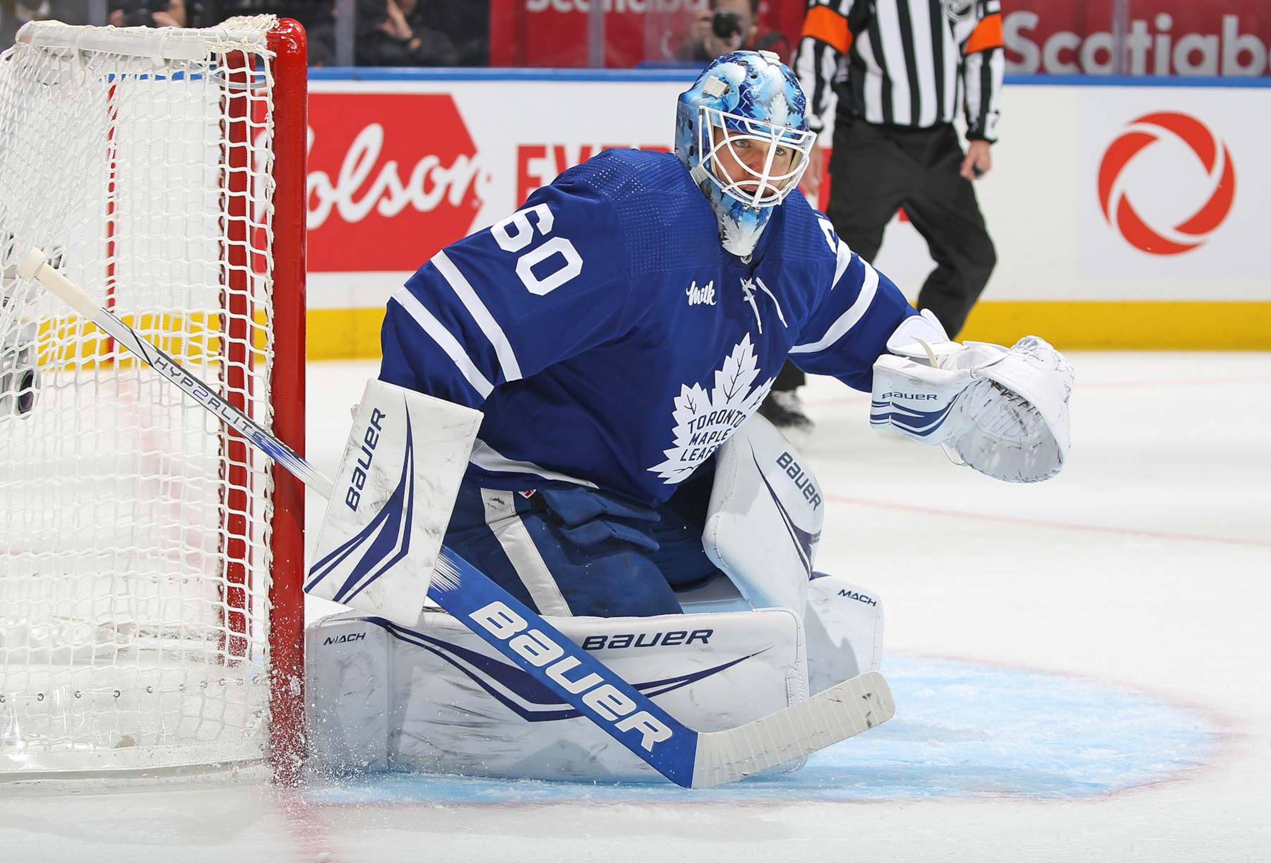 TORONTO, CANADA - MAY 2:  Joseph Woll #60 of the Toronto Maple Leafs watches for a puck against the Boston Bruins during the First period in Game Six of the First Round of the 2024 Stanley Cup Playoffs at Scotiabank Arena on May 2, 2024 in Toronto, Ontario, Canada. The Maple Leafs defeated the Bruins 2-1. (Photo by Claus Andersen/Getty Images)