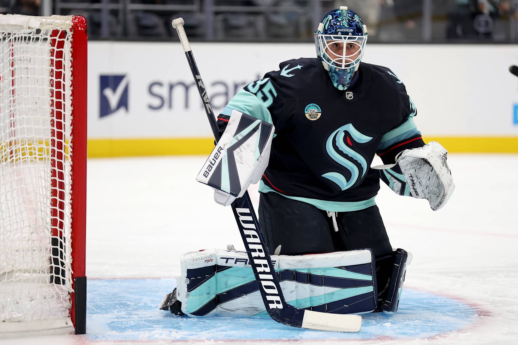 SEATTLE, WASHINGTON - OCTOBER 08: Joey Daccord #35 of the Seattle Kraken warms up before the game against the St. Louis Blues at Climate Pledge Arena on October 08, 2024 in Seattle, Washington. (Photo by Steph Chambers/Getty Images)