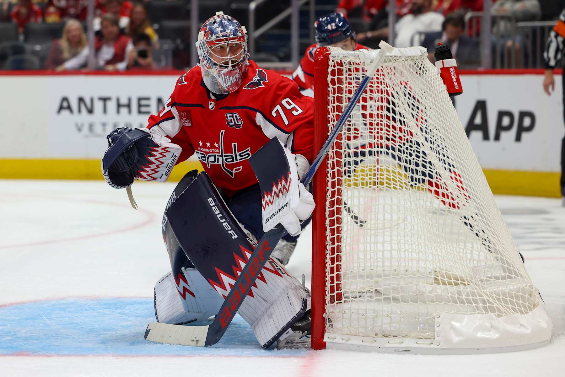 WASHINGTON, DC - OCTOBER 5: Charlie Lindgren #79 of the Washington Capitals watches the play during a preseason game against the Boston Bruins at Capital One Arena on October 5, 2024 in Washington, D.C. (Photo by John McCreary/NHLI via Getty Images)