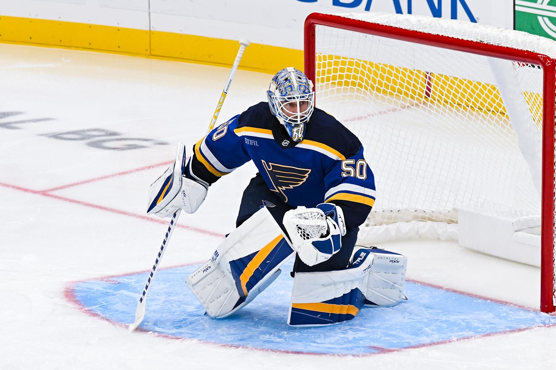 ST. LOUIS, MO - OCTOBER 03: St. Louis Blues goalie Jordan Binnington (50) slides across the crease during a preseason game between the Dallas Stars and the St. Louis Blues on October 3, 2024, at the Enterprise Center in St. Louis MO (Photo by Rick Ulreich/Icon Sportswire via Getty Images)