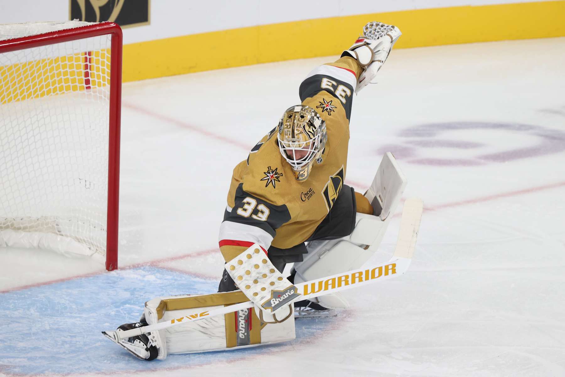 LAS VEGAS, NEVADA - OCTOBER 09: Adin Hill #33 of the Vegas Golden Knights tends net during the third period against the Colorado Avalanche at T-Mobile Arena on October 09, 2024 in Las Vegas, Nevada. (Photo by Zak Krill/NHLI via Getty Images)