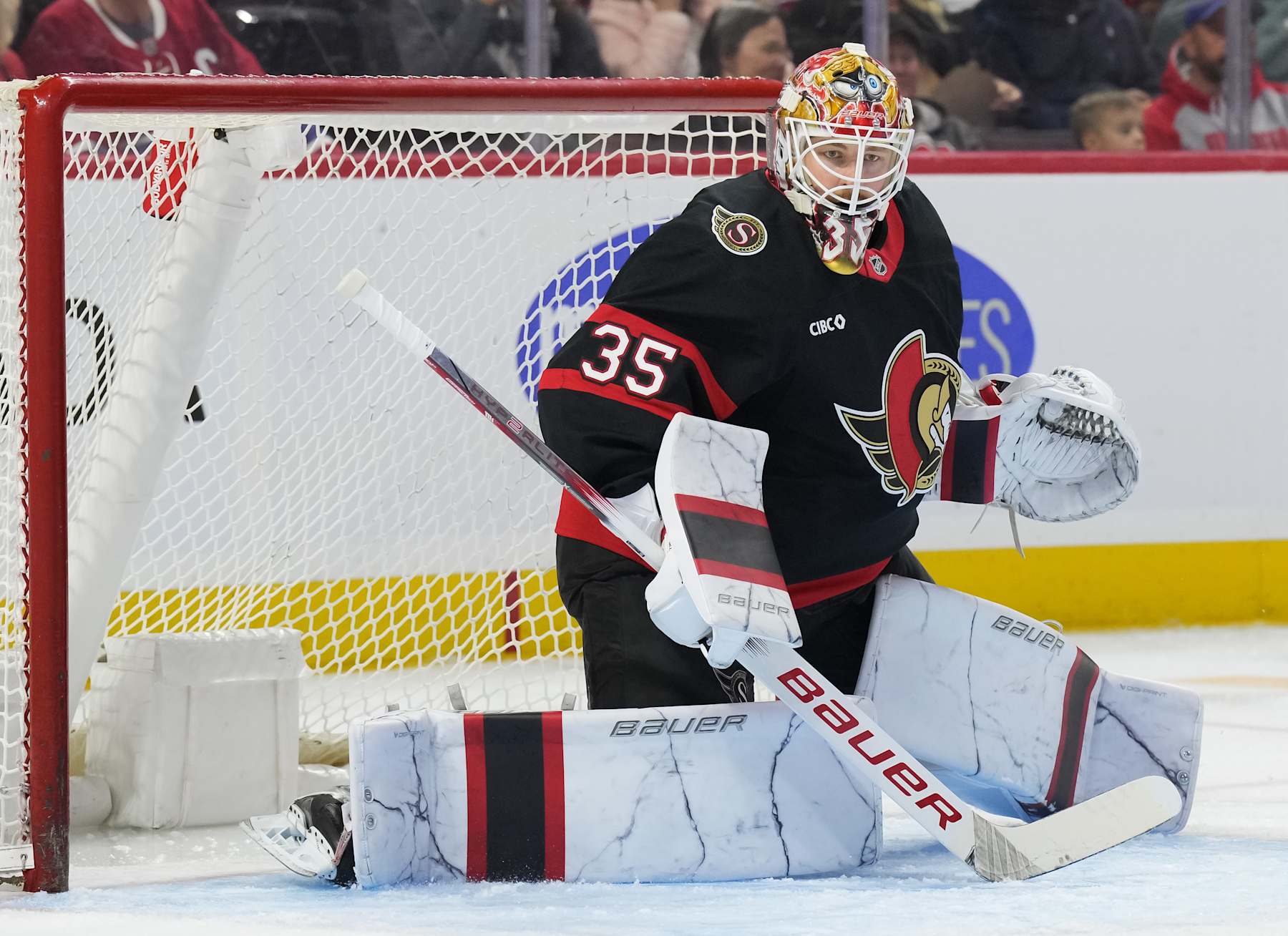 OTTAWA, CANADA - OCTOBER 05: Linus Ullmark #35 of the Ottawa Senators skates against the Montreal Canadiens during the first period of a preseason game at Canadian Tire Centre on October 05, 2024 in Ottawa, Ontario, Canada. (Photo by Chris Tanouye/Freestyle Photography/Getty Images)