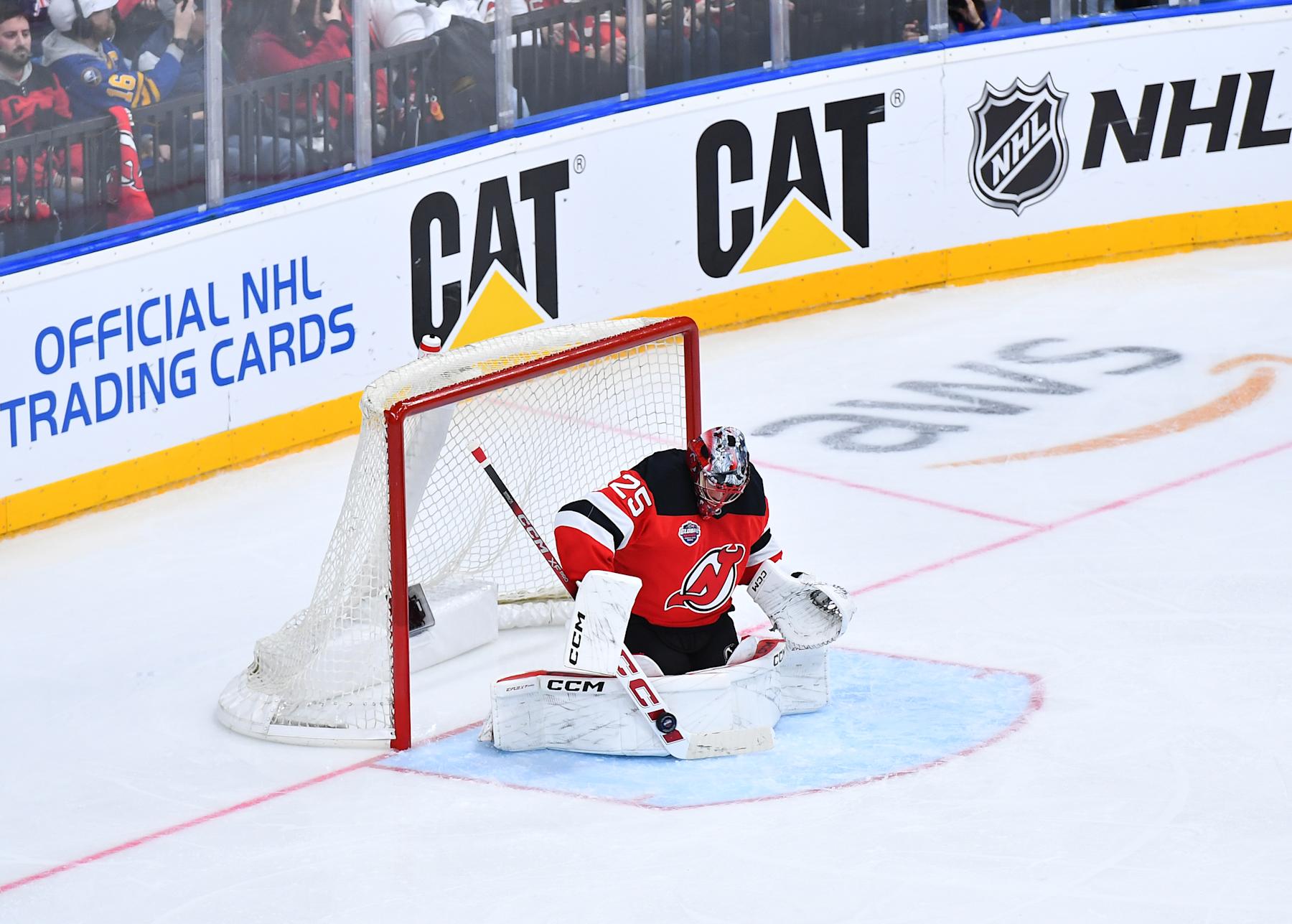 PRAGUE, CZECH REPUBLIC - OCTOBER 04: Jacob Markstrom #25 of the New Jersey Devils makes a save during the third period 2024 NHL Global Series-Czechia game between the New Jersey Devils and the Buffalo Sabres at O2 Arena on October 04, 2024 in Prague, Czech Republic. (Photo by Ben Jackson/NHLI via Getty Images)