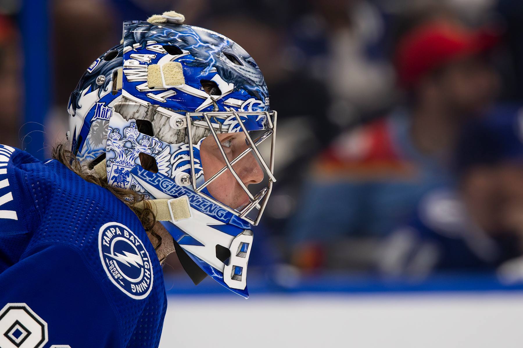 TAMPA, FL - APRIL 25: Goalie Andrei Vasilevskiy #88 of the Tampa Bay Lightning tends net against the Florida Panthers in Game Three of the First Round of the 2024 Stanley Cup Playoffs at Amalie Arena on April 25, 2024 in Tampa, Florida. (Photo by Vince Del Monte/NHLI via Getty Images)