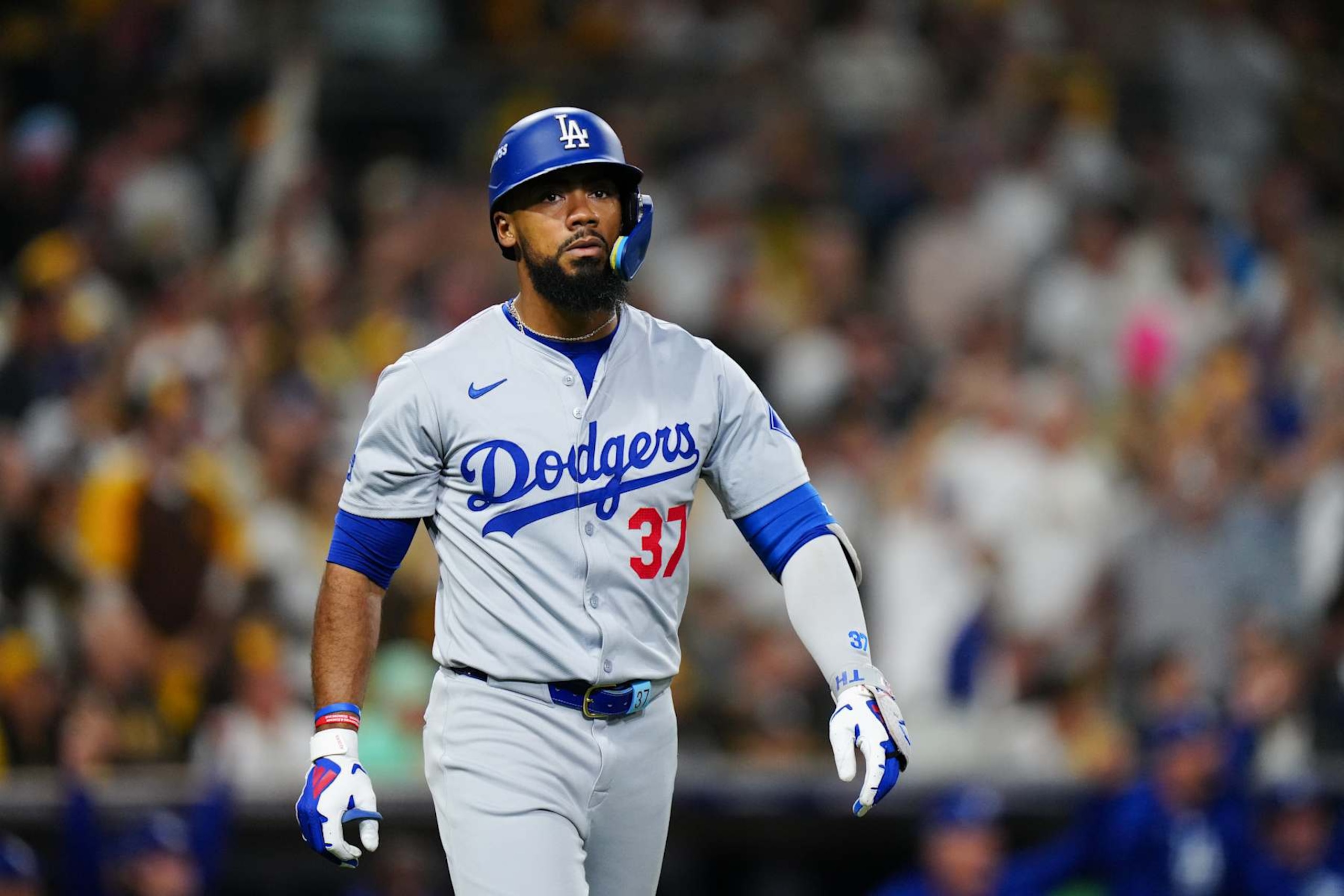 SAN DIEGO, CA - OCTOBER 08: Teoscar Hernández #37 of the Los Angeles Dodgers walks to first base after hitting a grand slam home run in the third inning during Game 3 of the Division Series presented by Booking.com between the Los Angeles Dodgers and the San Diego Padres at Petco Park on Tuesday, October 8, 2024 in San Diego, California. (Photo by Daniel Shirey/MLB Photos via Getty Images) SAN DIEGO, CA - OCTOBER 08: Teoscar Hernández #37 of the Los Angeles Dodgers walks to first base after hitting a grand slam home run in the third inning during Game 3 of the Division Series presented by Booking.com between the Los Angeles Dodgers and the San Diego Padres at Petco Park on Tuesday, October 8, 2024 in San Diego, California. (Photo by Daniel Shirey/MLB Photos via Getty Images)