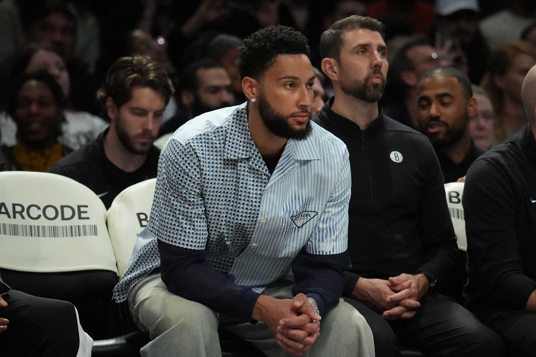 BROOKLYN, NY - MARCH 5: Ben Simmons #10 of the Brooklyn Nets looks on during the game against the Philadelphia 76ers on March 5, 2024 at Barclays Center in Brooklyn, New York. NOTE TO USER: User expressly acknowledges and agrees that, by downloading and or using this Photograph, user is consenting to the terms and conditions of the Getty Images License Agreement. Mandatory Copyright Notice: Copyright 2024 NBAE (Photo by Jesse D. Garrabrant/NBAE via Getty Images) BROOKLYN, NY - MARCH 5: Ben Simmons #10 of the Brooklyn Nets looks on during the game against the Philadelphia 76ers on March 5, 2024 at Barclays Center in Brooklyn, New York. NOTE TO USER: User expressly acknowledges and agrees that, by downloading and or using this Photograph, user is consenting to the terms and conditions of the Getty Images License Agreement. Mandatory Copyright Notice: Copyright 2024 NBAE (Photo by Jesse D. Garrabrant/NBAE via Getty Images)