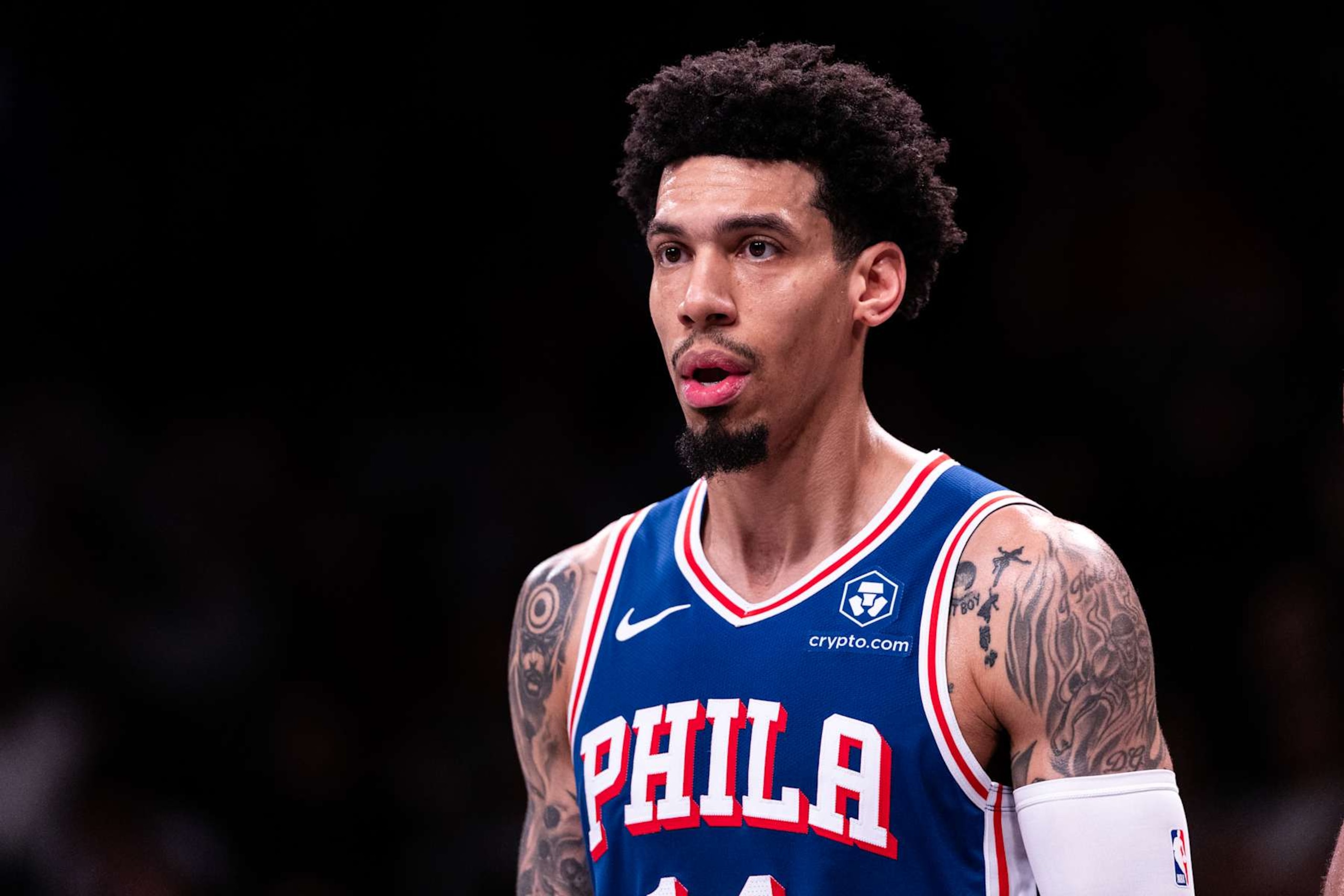 NEW YORK, NEW YORK - OCTOBER 16: Danny Green #14 of the Philadelphia 76ers looks on during the fourth quarter of the preseason game against the Brooklyn Nets at Barclays Center on October 16, 2023 in New York City. NOTE TO USER: User expressly acknowledges and agrees that, by downloading and or using this photograph, User is consenting to the terms and conditions of the Getty Images License Agreement. (Photo by Dustin Satloff/Getty Images)