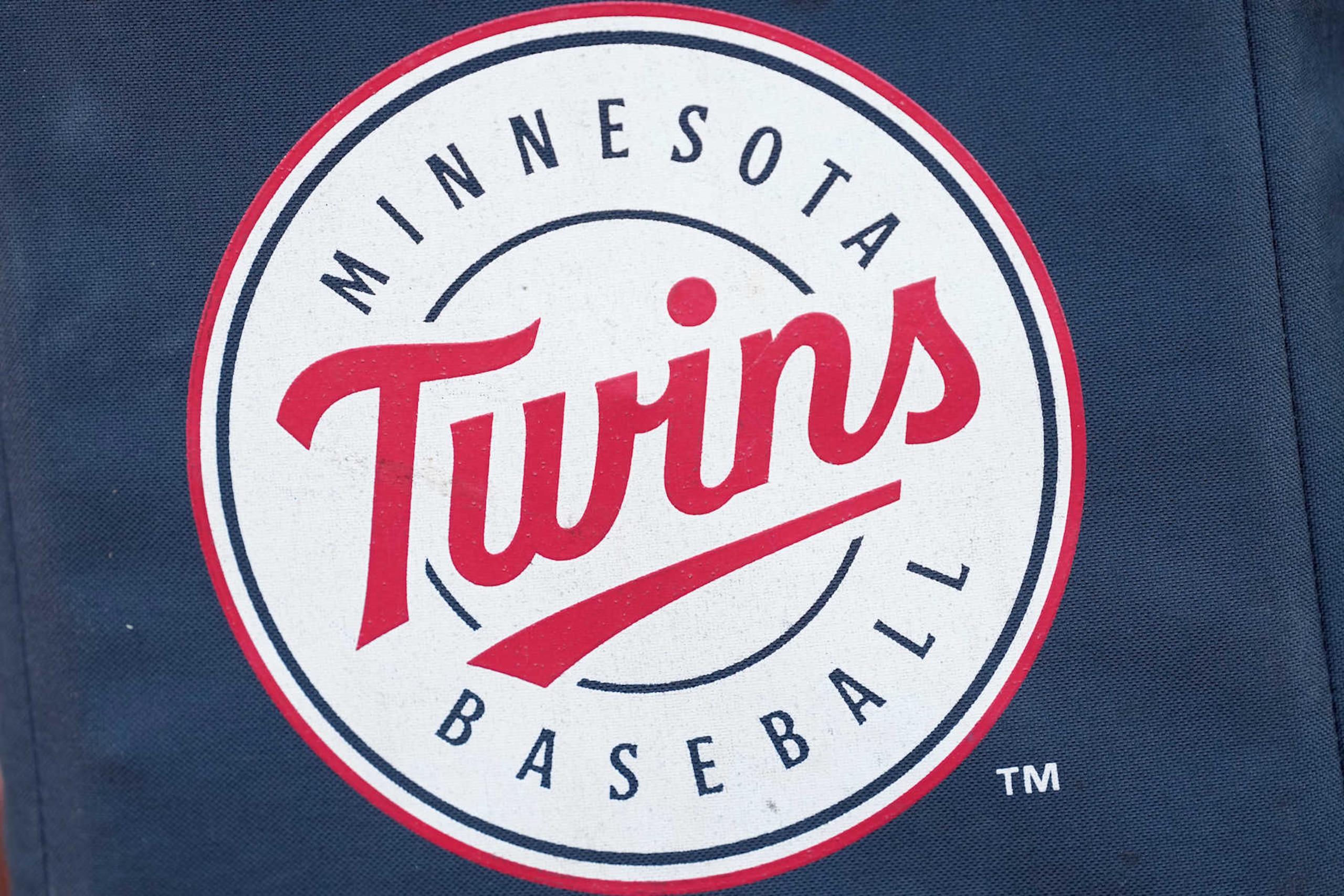 WASHINGTON, DC - MAY 20: The Minnesota Twins logo on a ball bag during warms up during batting practice prior to a baseball game against the Washington Nationals at the Nationals Park on May 20, 2024 in Washington, DC. (Photo by Mitchell Layton/Getty Images)