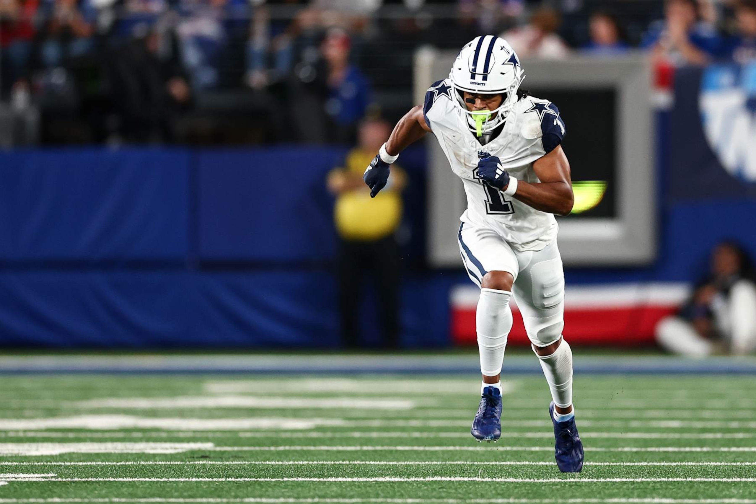 EAST RUTHERFORD, NJ - SEPTEMBER 26: Jalen Tolbert #1 of the Dallas Cowboys runs downfield during an NFL football game against the New York Giants at MetLife Stadium on September 26, 2024 in East Rutherford, New Jersey. (Photo by Kevin Sabitus/Getty Images)