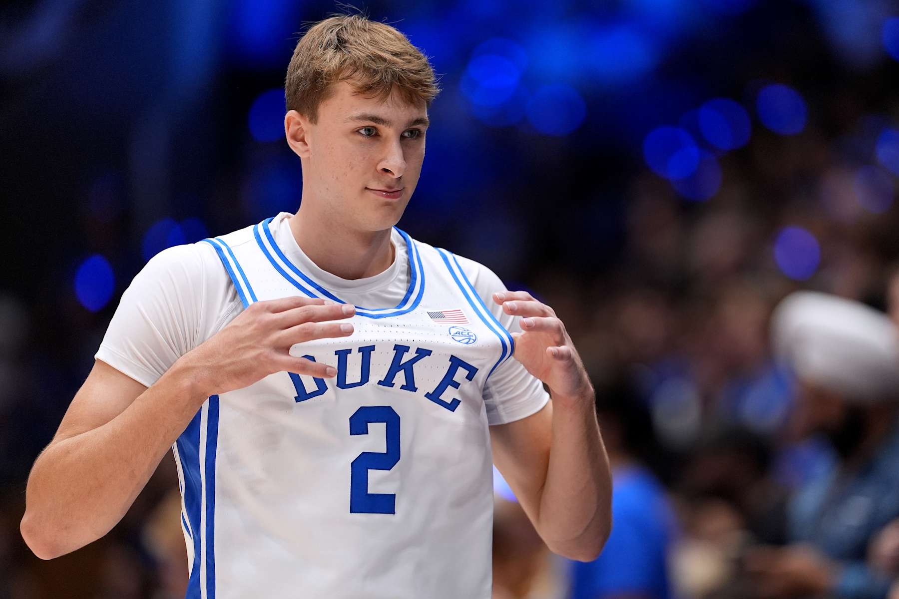 DURHAM, NORTH CAROLINA - OCTOBER 04: Cooper Flagg #2 of the Duke Blue Devils prepares to take the floor during Countdown to Craziness at Cameron Indoor Stadium on October 04, 2024 in Durham, North Carolina. (Photo by Grant Halverson/Getty Images)