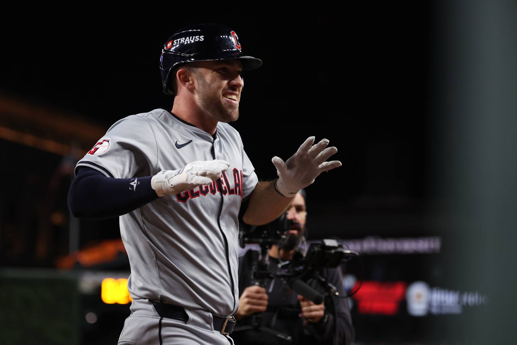 DETROIT, MICHIGAN - OCTOBER 10: David Fry #6 of the Cleveland Guardians celebrates a two run home run during the seventh inning against the Detroit Tigers during Game Four of the Division Series at Comerica Park on October 10, 2024 in Detroit, Michigan.  (Photo by Gregory Shamus/Getty Images)