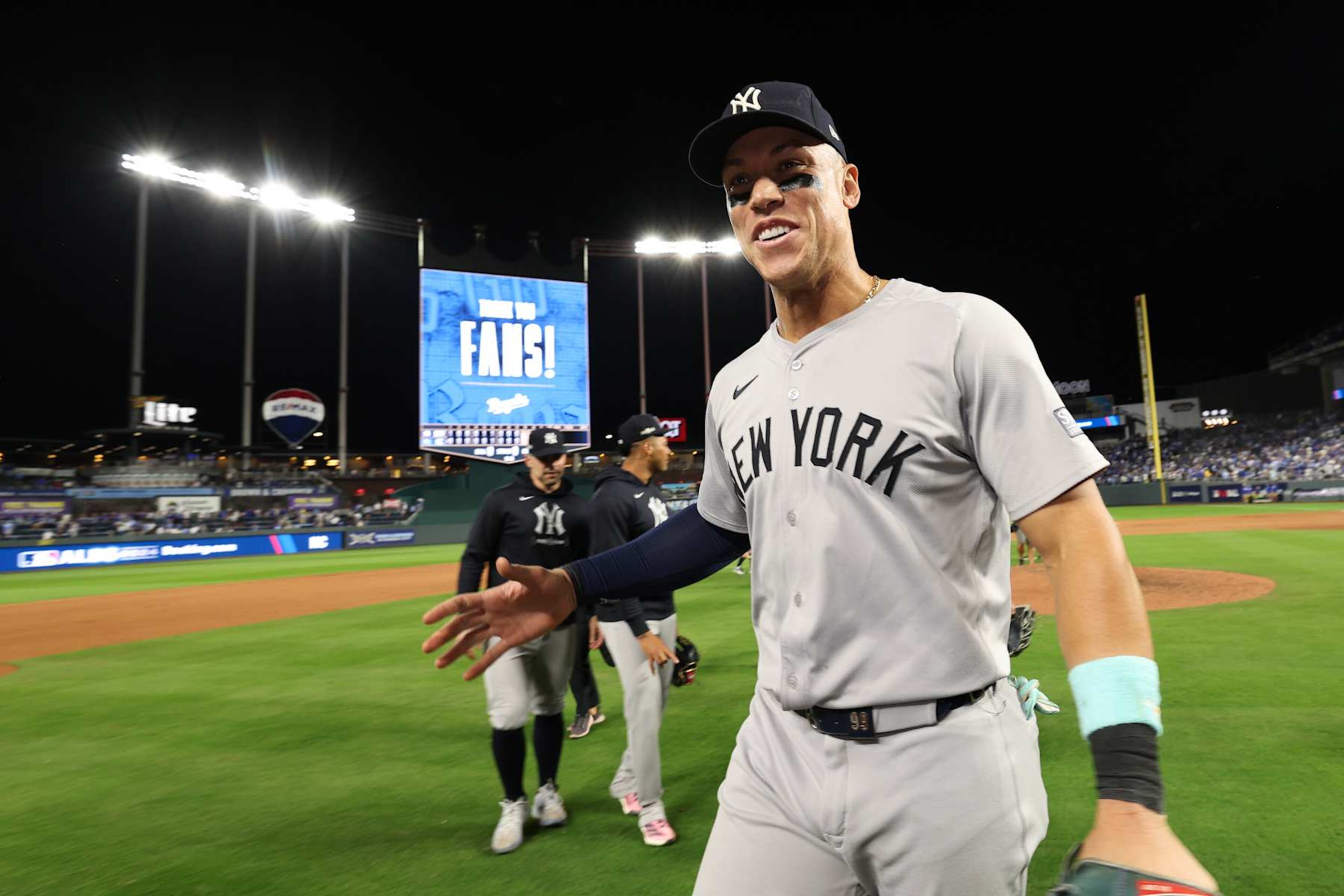 KANSAS CITY, MISSOURI - OCTOBER 10: Aaron Judge #99 of the New York Yankees celebrates after a win over the Kansas City Royals during Game Four of the Division Series at Kauffman Stadium on October 10, 2024 in Kansas City, Missouri. (Photo by Jamie Squire/Getty Images) KANSAS CITY, MISSOURI - OCTOBER 10: Aaron Judge #99 of the New York Yankees celebrates after a win over the Kansas City Royals during Game Four of the Division Series at Kauffman Stadium on October 10, 2024 in Kansas City, Missouri. (Photo by Jamie Squire/Getty Images)