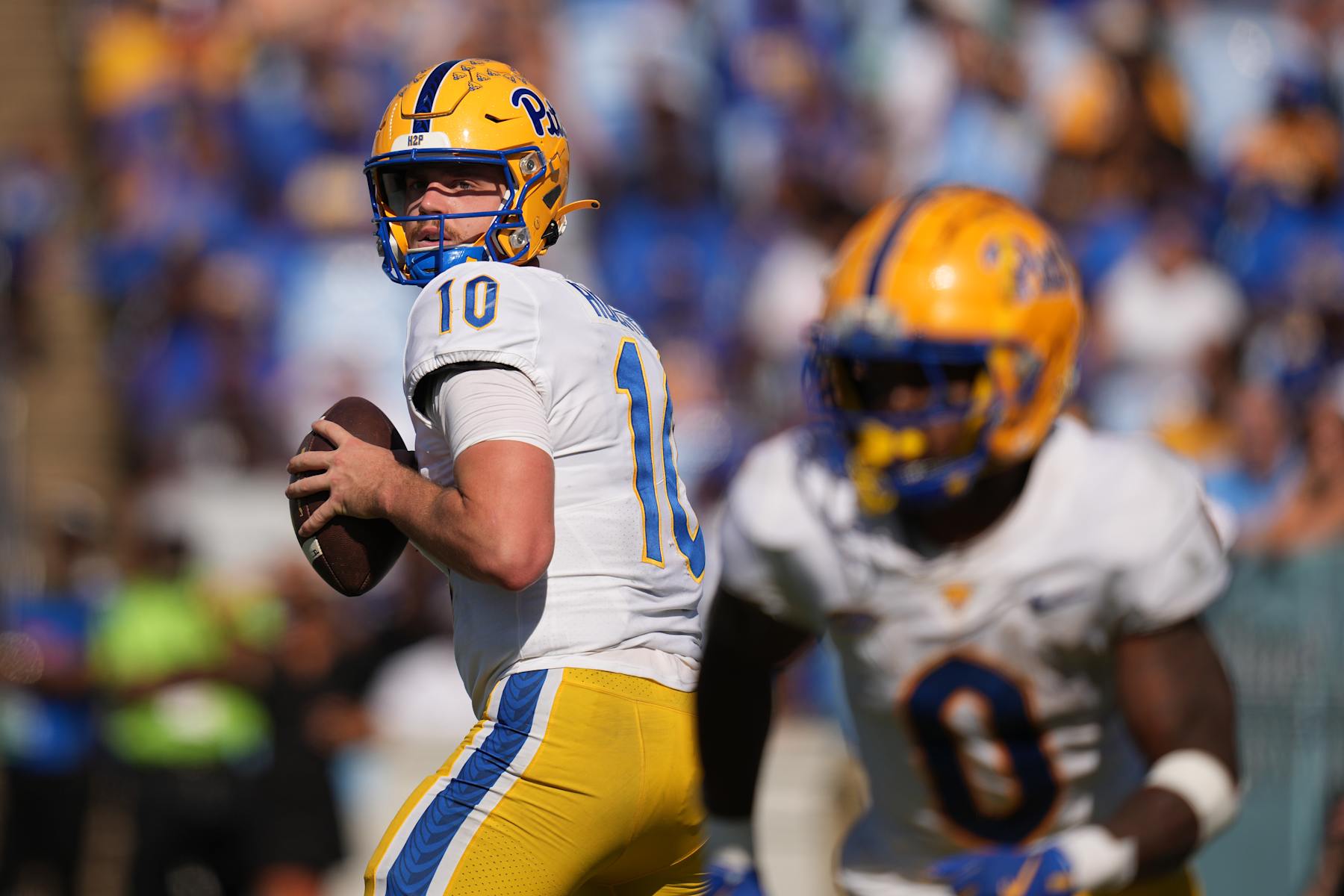 CHAPEL HILL, NORTH CAROLINA - OCTOBER 05: Eli Holstein #10 of the Pittsburgh Panthers looks to pass against the North Carolina Tar Heels during the game at Kenan Memorial Stadium on October 05, 2024 in Chapel Hill, North Carolina. (Photo by Grant Halverson/Getty Images)