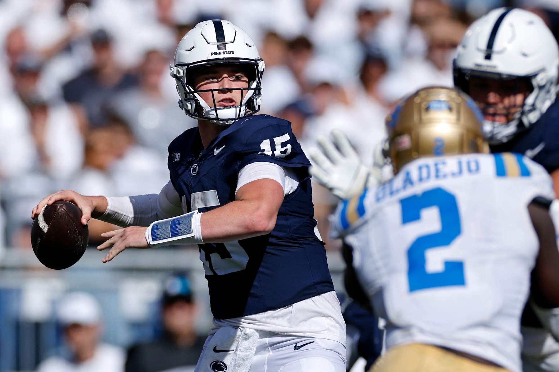 UNIVERSITY PARK, PA - OCTOBER 05: Penn State Nittany Lions quarterback Drew Allar (15) passes the ball during a college football game against the UCLA Bruins on October 5, 2024 at Beaver Stadium in University Park, Pennsylvania. (Photo by Joe Robbins/Icon Sportswire via Getty Images)