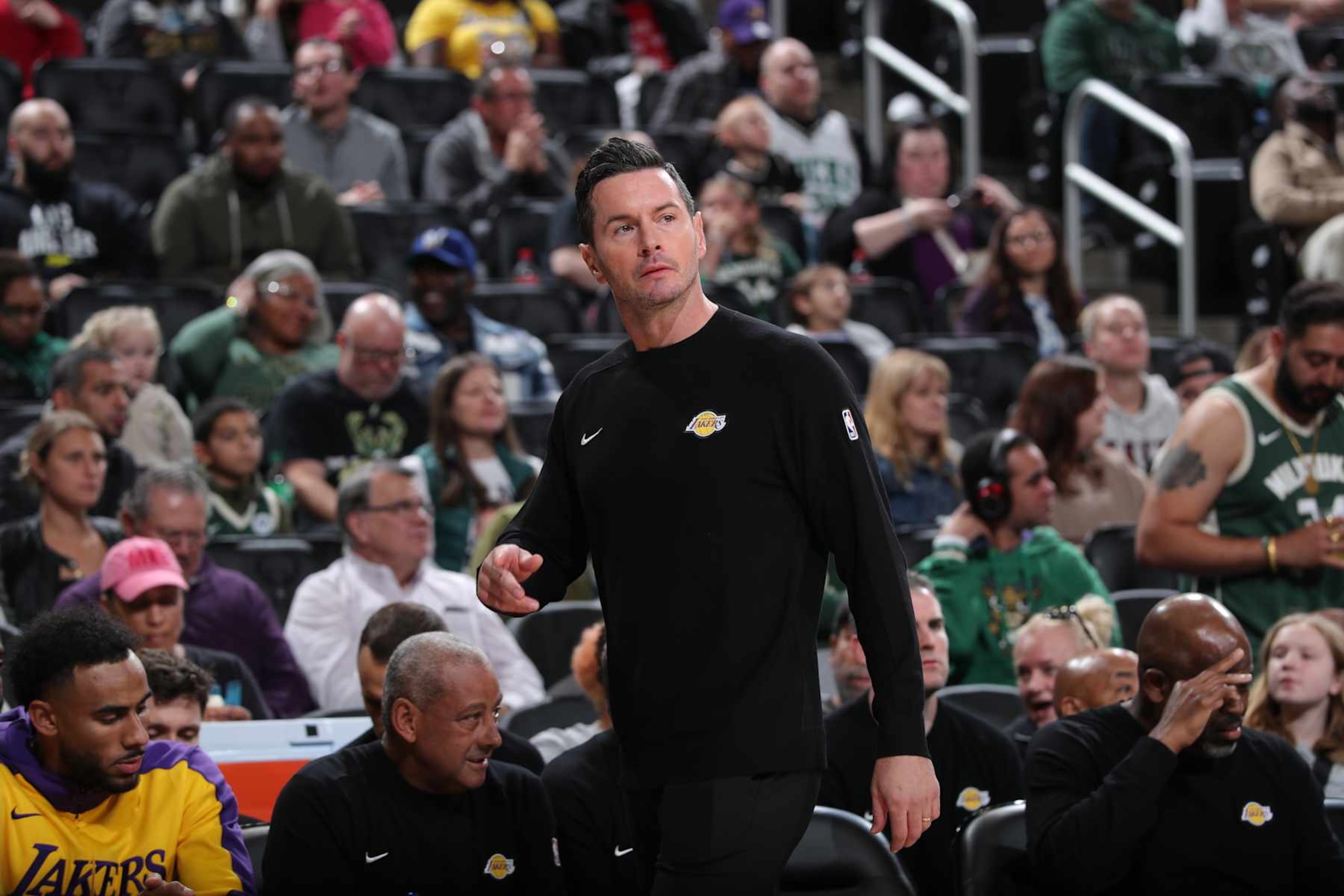 MILWAUKEE, WI - OCTOBER 10: Head Coach JJ Redick of the Los Angeles Lakers looks on during the game against the Milwaukee Bucks during a preseason game on October 10, 2024 at Fiserv Forum Center in Milwaukee, Wisconsin. NOTE TO USER: User expressly acknowledges and agrees that, by downloading and or using this Photograph, user is consenting to the terms and conditions of the Getty Images License Agreement. Mandatory Copyright Notice: Copyright 2024 NBAE (Photo by Gary Dineen/NBAE via Getty Images).