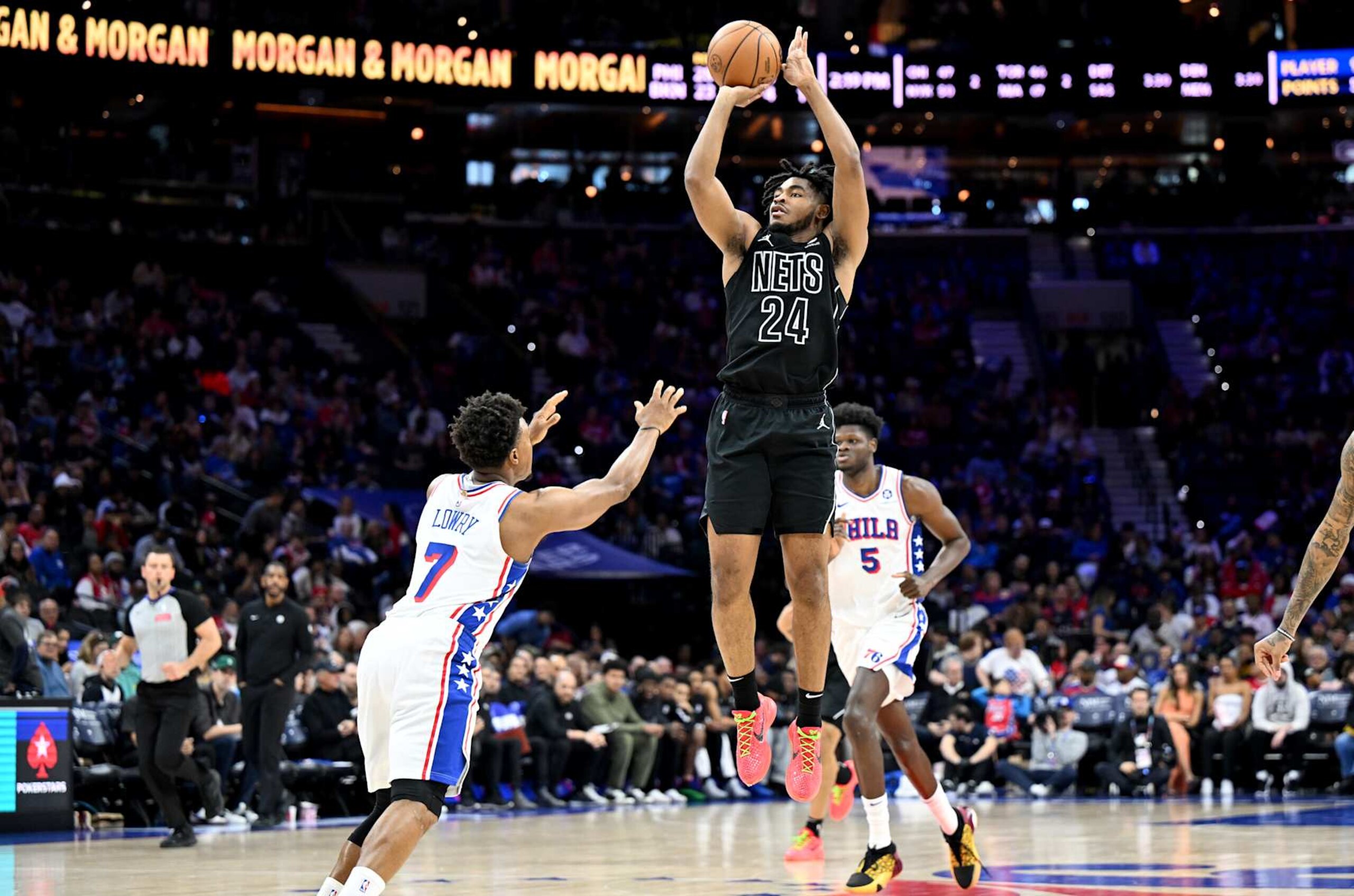 PHILADELPHIA, PENNSYLVANIA - APRIL 14: Cam Thomas #24 of the Brooklyn Nets shoots the ball in the third quarter against Kyle Lowry #7 of the Philadelphia 76ers at the Wells Fargo Center on April 14, 2024 in Philadelphia, Pennsylvania.  NOTE TO USER: User expressly acknowledges and agrees that, by downloading and or using this photograph, User is consenting to the terms and conditions of the Getty Images License Agreement. (Photo by Greg Fiume/Getty Images)