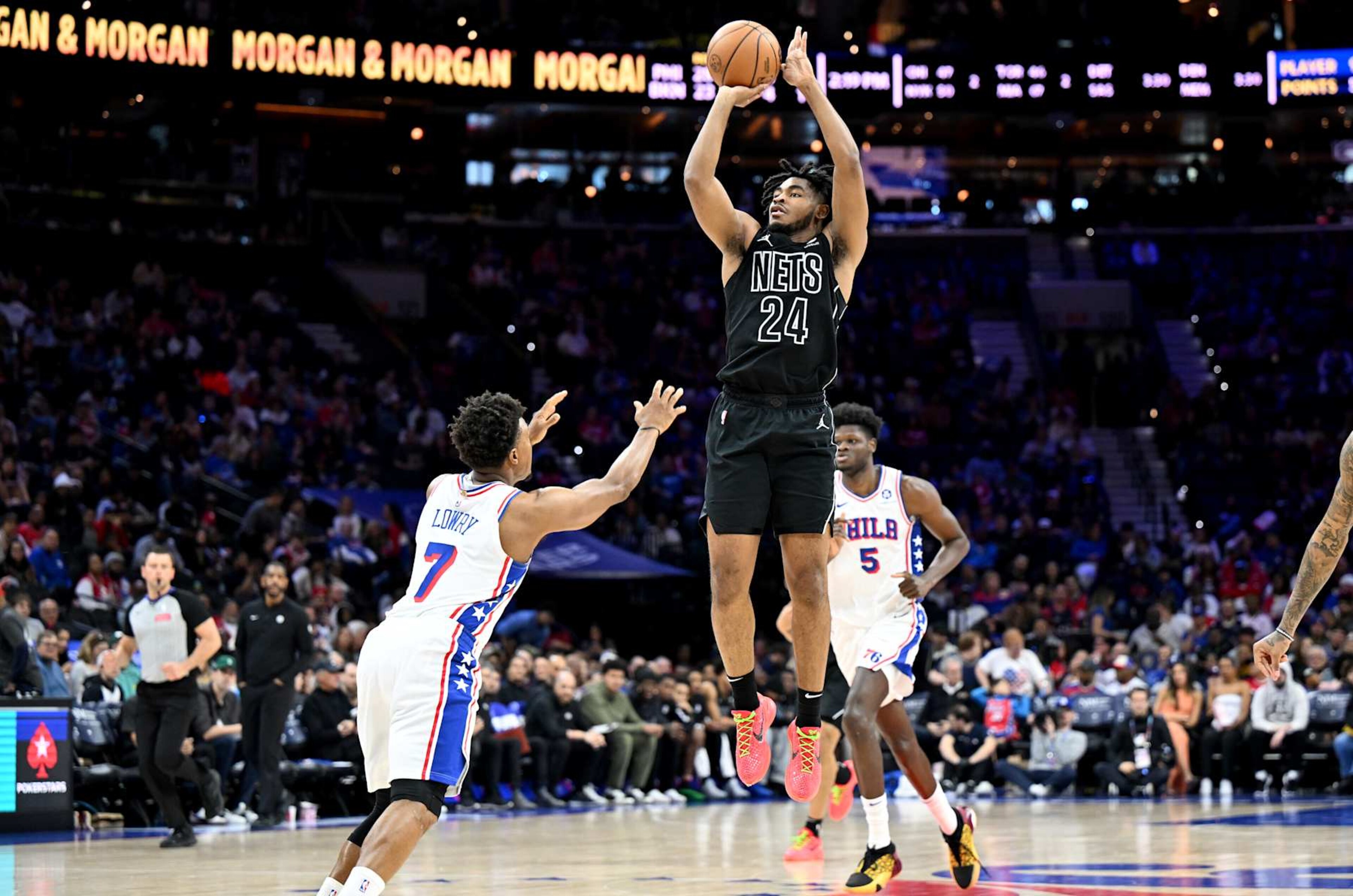 PHILADELPHIA, PENNSYLVANIA - APRIL 14: Cam Thomas #24 of the Brooklyn Nets shoots the ball in the third quarter against Kyle Lowry #7 of the Philadelphia 76ers at the Wells Fargo Center on April 14, 2024 in Philadelphia, Pennsylvania. NOTE TO USER: User expressly acknowledges and agrees that, by downloading and or using this photograph, User is consenting to the terms and conditions of the Getty Images License Agreement. (Photo by Greg Fiume/Getty Images) PHILADELPHIA, PENNSYLVANIA - APRIL 14: Cam Thomas #24 of the Brooklyn Nets shoots the ball in the third quarter against Kyle Lowry #7 of the Philadelphia 76ers at the Wells Fargo Center on April 14, 2024 in Philadelphia, Pennsylvania. NOTE TO USER: User expressly acknowledges and agrees that, by downloading and or using this photograph, User is consenting to the terms and conditions of the Getty Images License Agreement. (Photo by Greg Fiume/Getty Images)