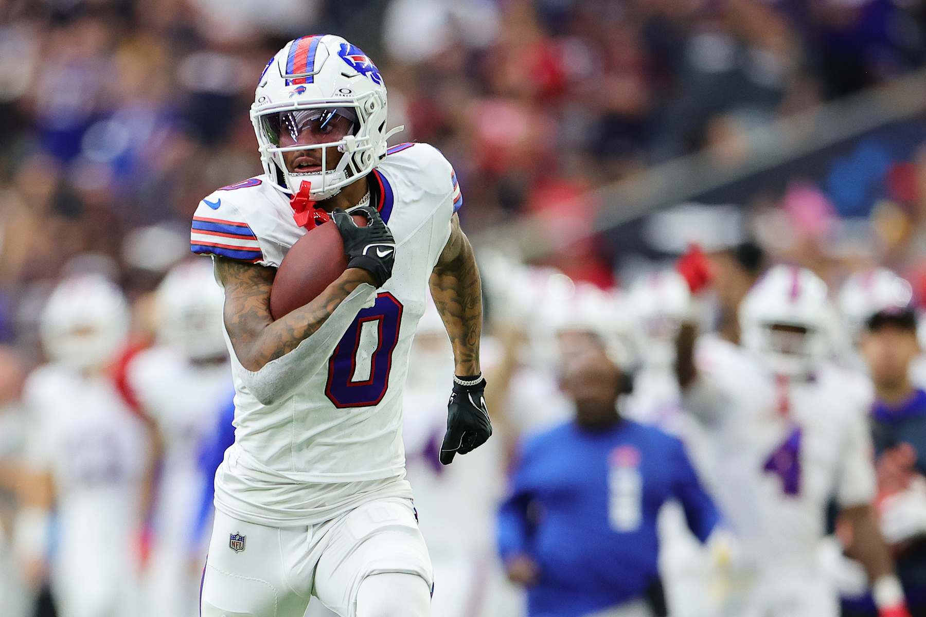 HOUSTON, TEXAS - OCTOBER 06: Keon Coleman #0 of the Buffalo Bills runs for a touchdown during the third quarter against the Houston Texans at NRG Stadium on October 06, 2024 in Houston, Texas. (Photo by Alex Slitz/Getty Images)