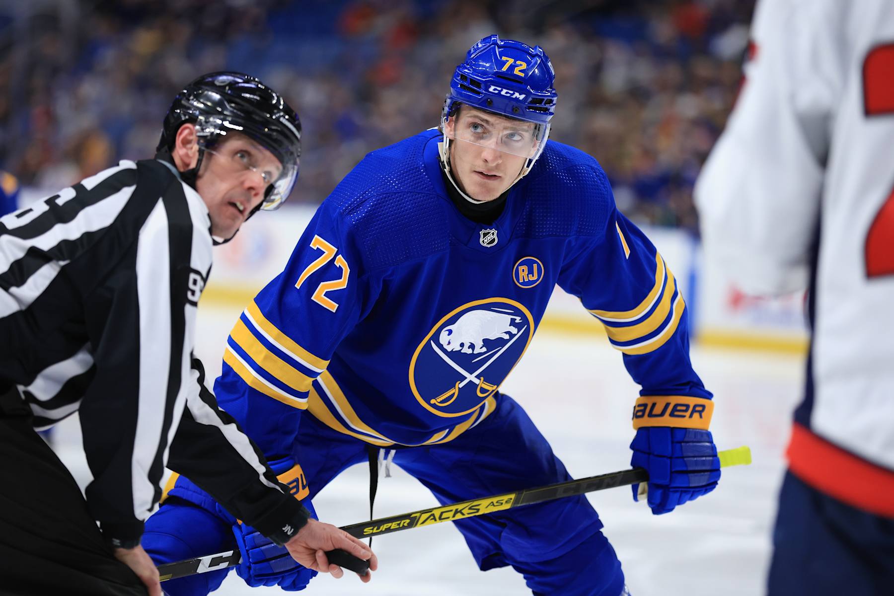BUFFALO, NEW YORK - APRIL 11: Tage Thompson #72 of the Buffalo Sabres prepares for a faceoff during an NHL game against the Washington Capitals on April 11, 2024 at KeyBank Center in Buffalo, New York. (Photo by Bill Wippert/NHLI via Getty Images)