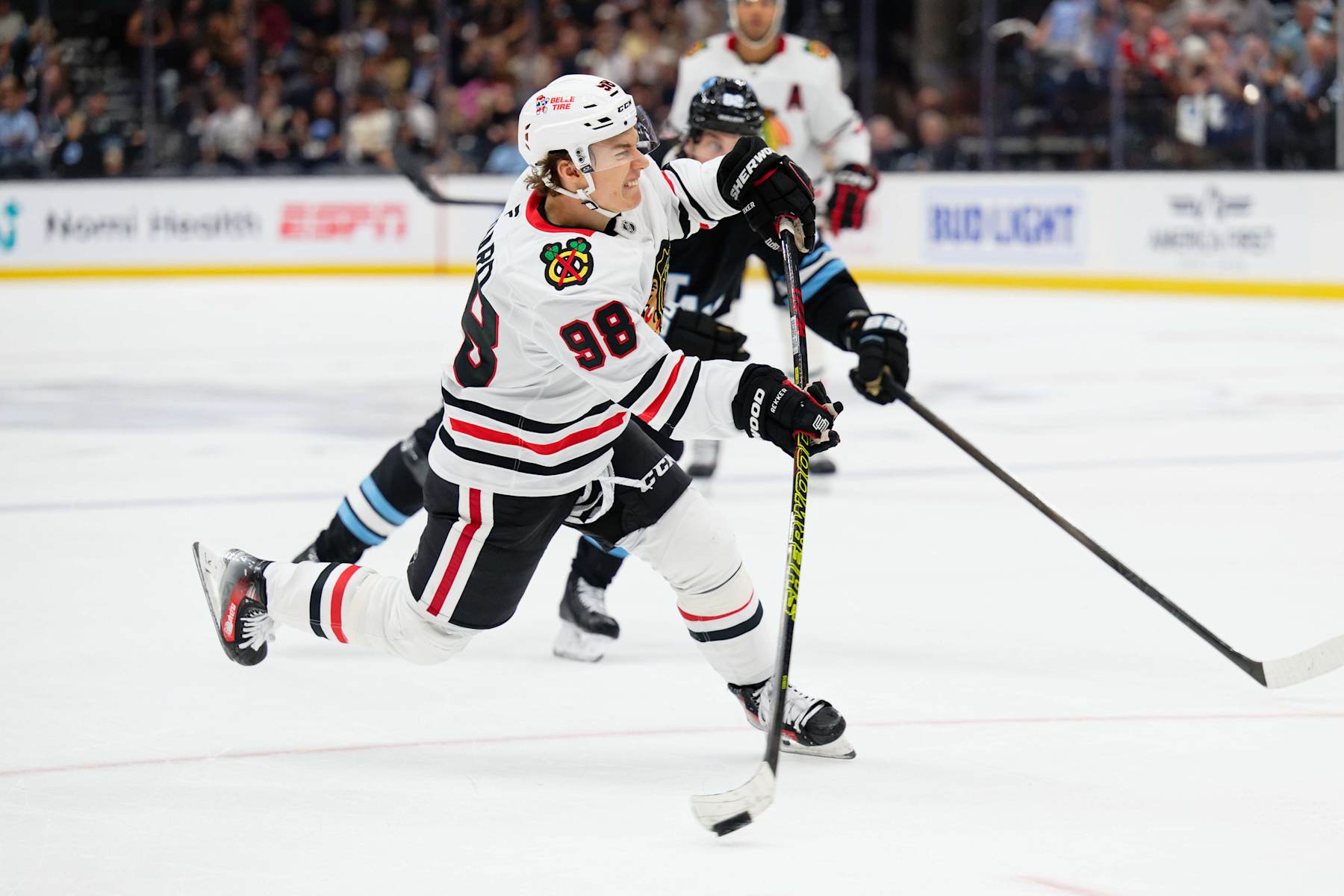 SALT LAKE CITY, UTAH - OCTOBER 08: Connor Bedard #98 of the Chicago Blackhawks skates against the Utah Hockey Club on October 08, 2024 at Delta Center in Salt Lake City, Utah.  (Photo by Jamie Sabau/Getty Images)
