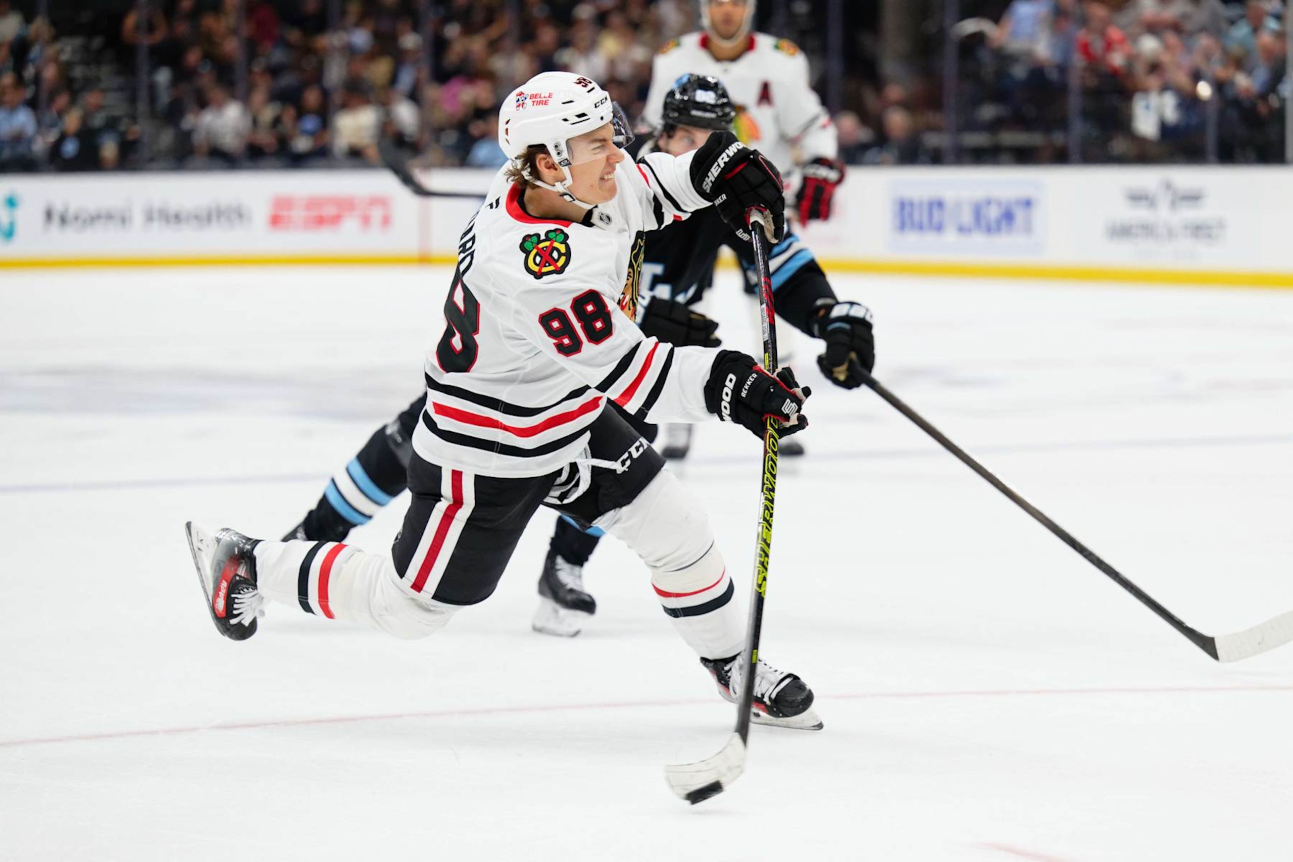 SALT LAKE CITY, UTAH - OCTOBER 08: Connor Bedard #98 of the Chicago Blackhawks skates against the Utah Hockey Club on October 08, 2024 at Delta Center in Salt Lake City, Utah. (Photo by Jamie Sabau/Getty Images) SALT LAKE CITY, UTAH - OCTOBER 08: Connor Bedard #98 of the Chicago Blackhawks skates against the Utah Hockey Club on October 08, 2024 at Delta Center in Salt Lake City, Utah. (Photo by Jamie Sabau/Getty Images)