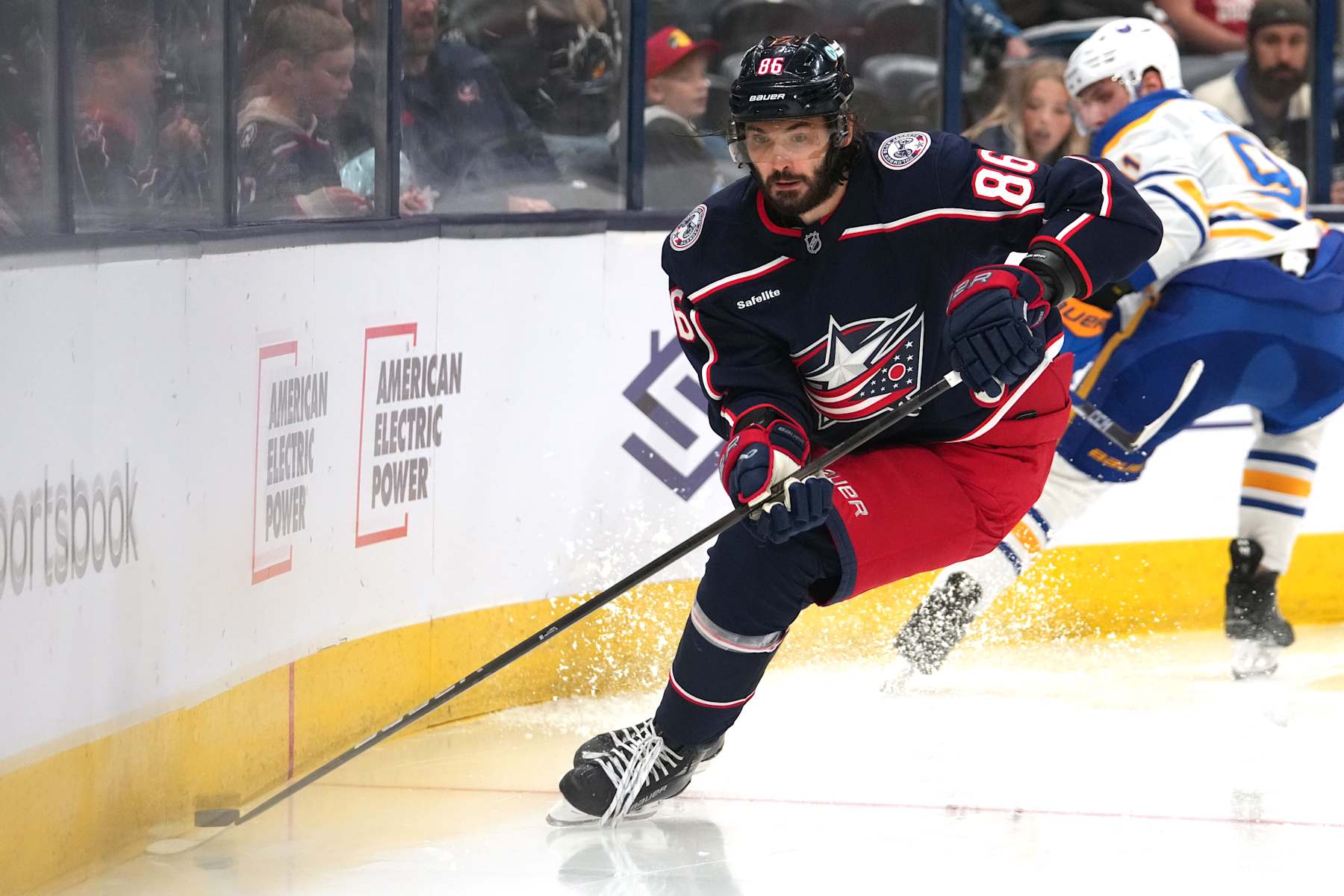 COLUMBUS, OHIO - SEPTEMBER 28: Kirill Marchenko #86 of the Columbus Blue Jackets skates with the puck during the preseason game against the Buffalo Sabres at Nationwide Arena on September 28, 2024 in Columbus, Ohio. (Photo by Jason Mowry/Getty Images)