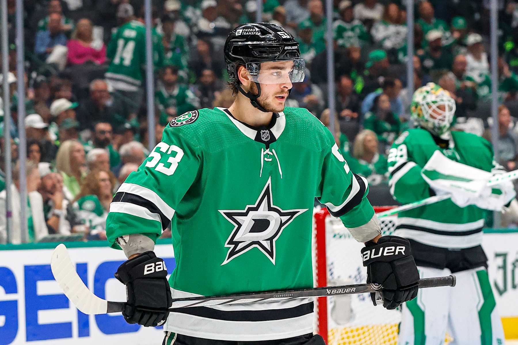 DALLAS, TX - MAY 23: Dallas Stars center Wyatt Johnston (53) waits for the face-off during the game between the Dallas Stars and the Edmonton Oilers during game 1 of the Western Conference Finals on May 23, 2024 at American Airlines Center in Dallas, Texas. (Photo by Matthew Pearce/Icon Sportswire via Getty Images)