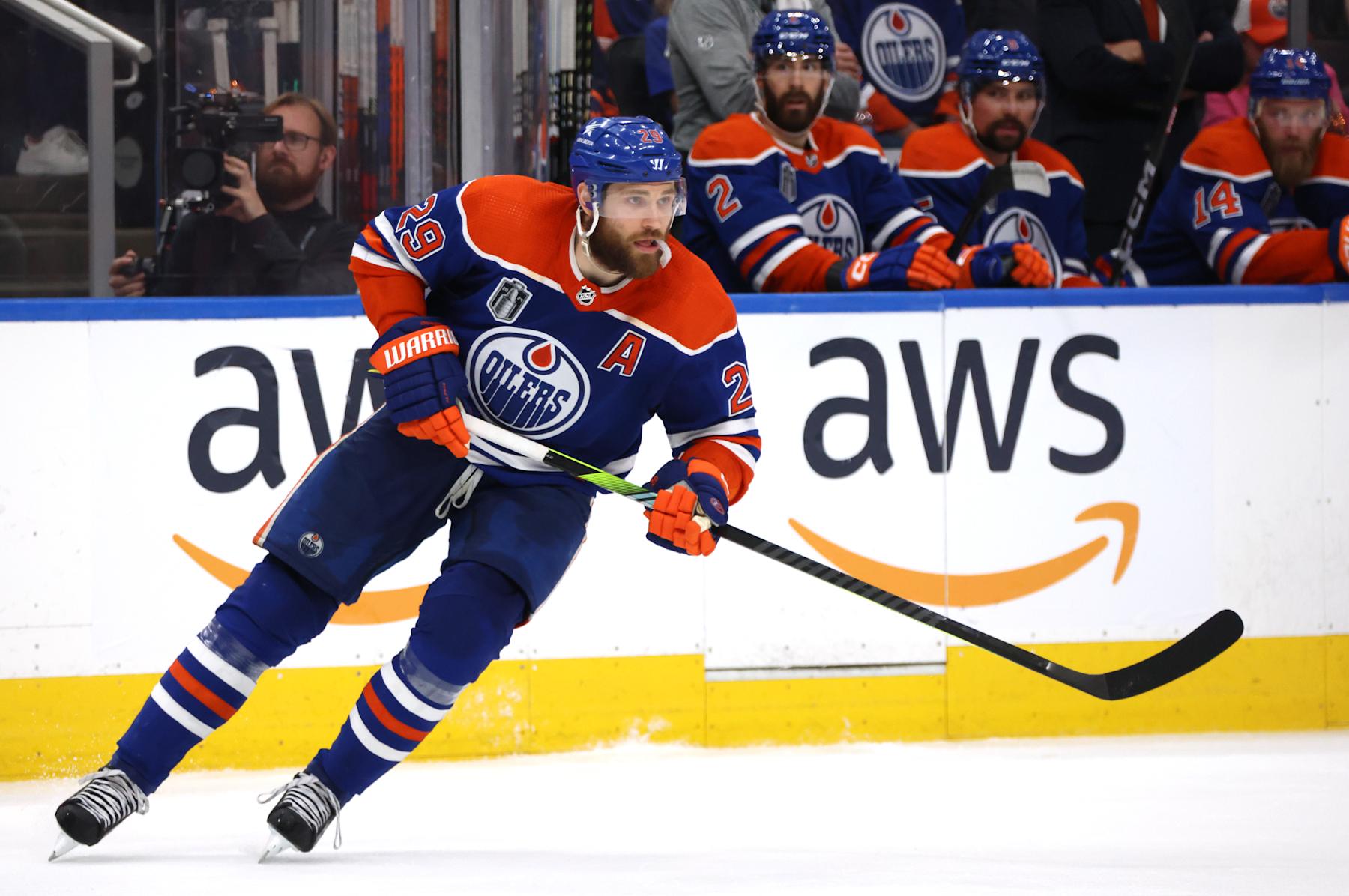 EDMONTON, ALBERTA - JUNE 15: Leon Draisaitl #29 of the Edmonton Oilers skates during the third period of Game Four of the 2024 Stanley Cup Final between the Florida Panthers and the Edmonton Oilers at Rogers Place on June 15, 2024 in Edmonton, Alberta. (Photo by Dave Sandford/NHLI via Getty Images)