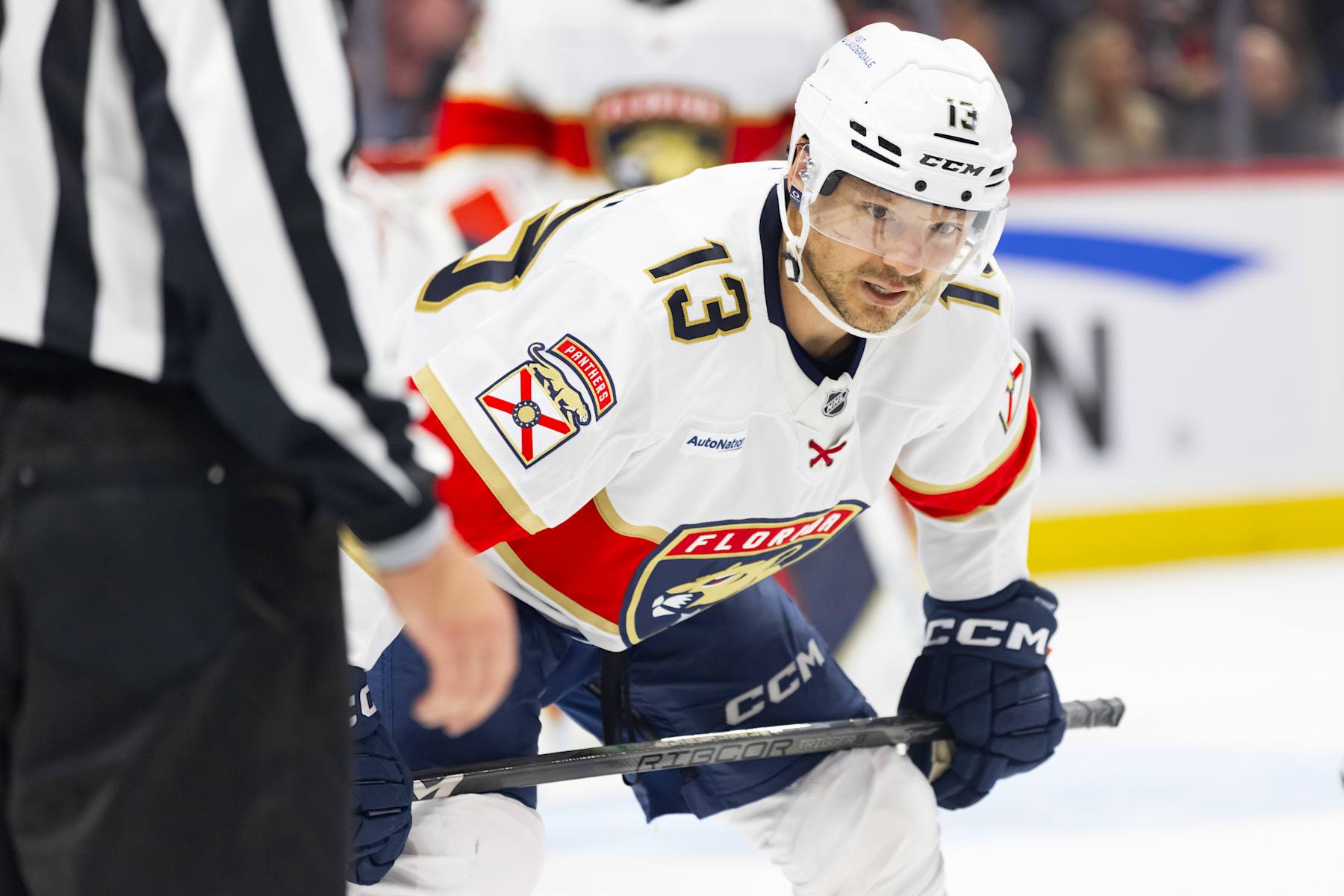 OTTAWA, ON - OCTOBER 10: Florida Panthers Right Wing Sam Reinhart (13) before a face-off during third period National Hockey League action between the Florida Panthers and Ottawa Senators on October 10, 2024, at Canadian Tire Centre in Ottawa, ON, Canada. (Photo by Richard A. Whittaker/Icon Sportswire via Getty Images)